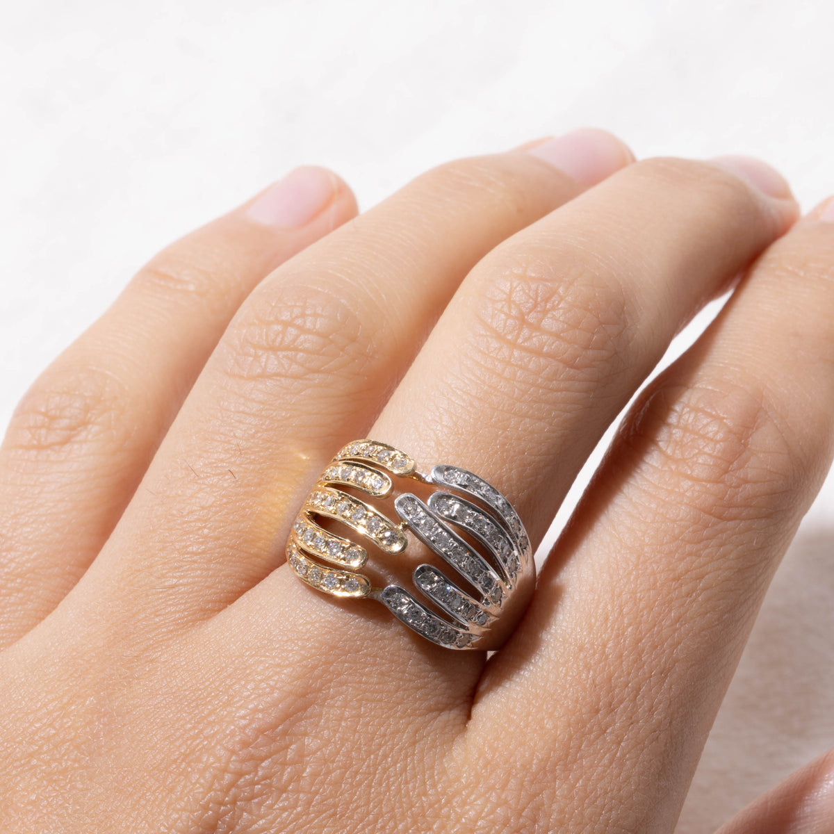 18k Two Tone Multi Row Diamond Grooved Abstract Cocktail Ring | 0.35ctw | SZ 7