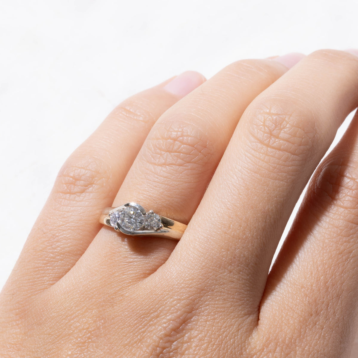 14k Two Tone Three Stone Diamond Bypass Ring | 0.43ct SI1 J, 0.22ctw | SZ 5.75