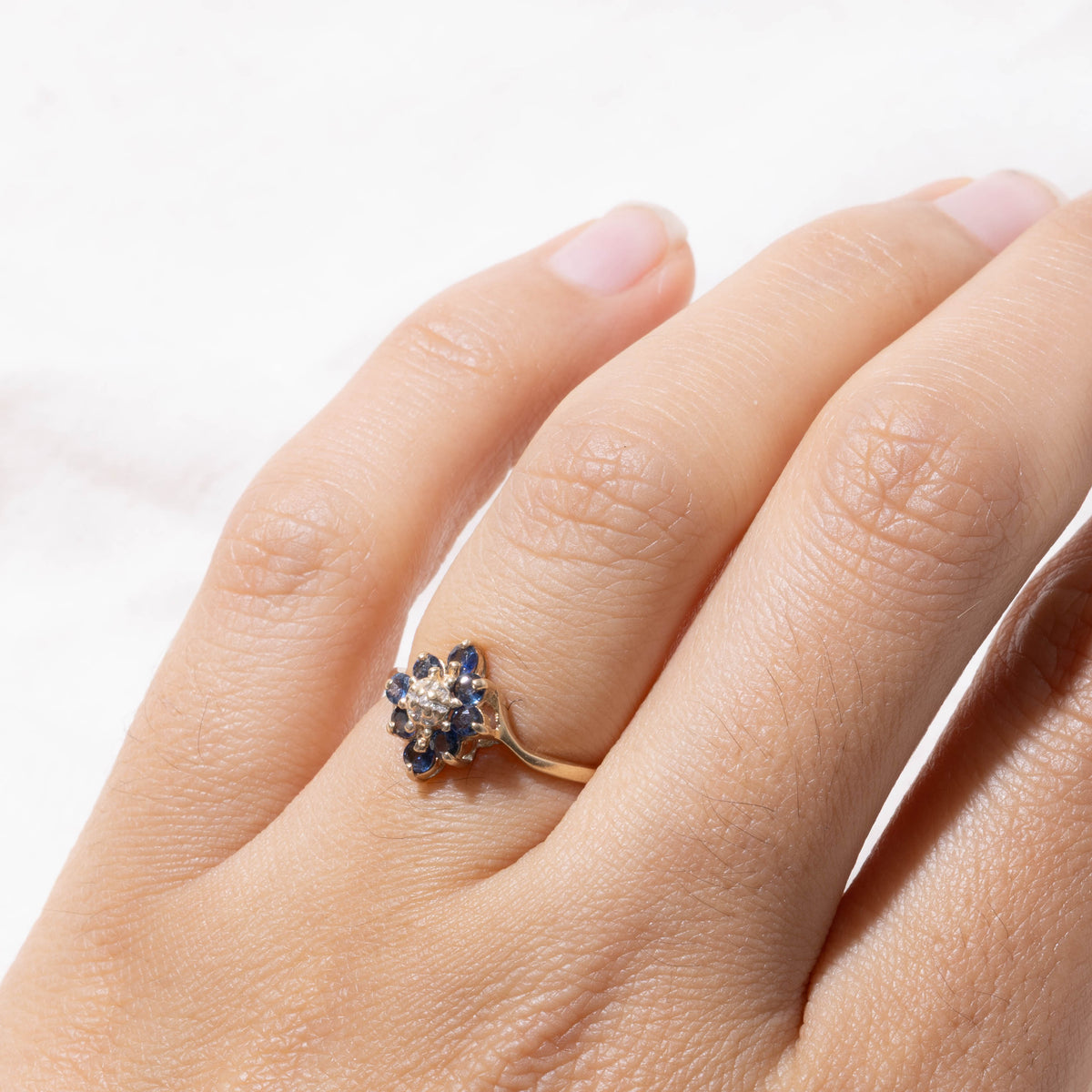 14k Sapphire & Diamond Petal Cluster Bypass Ring | SZ 4.75