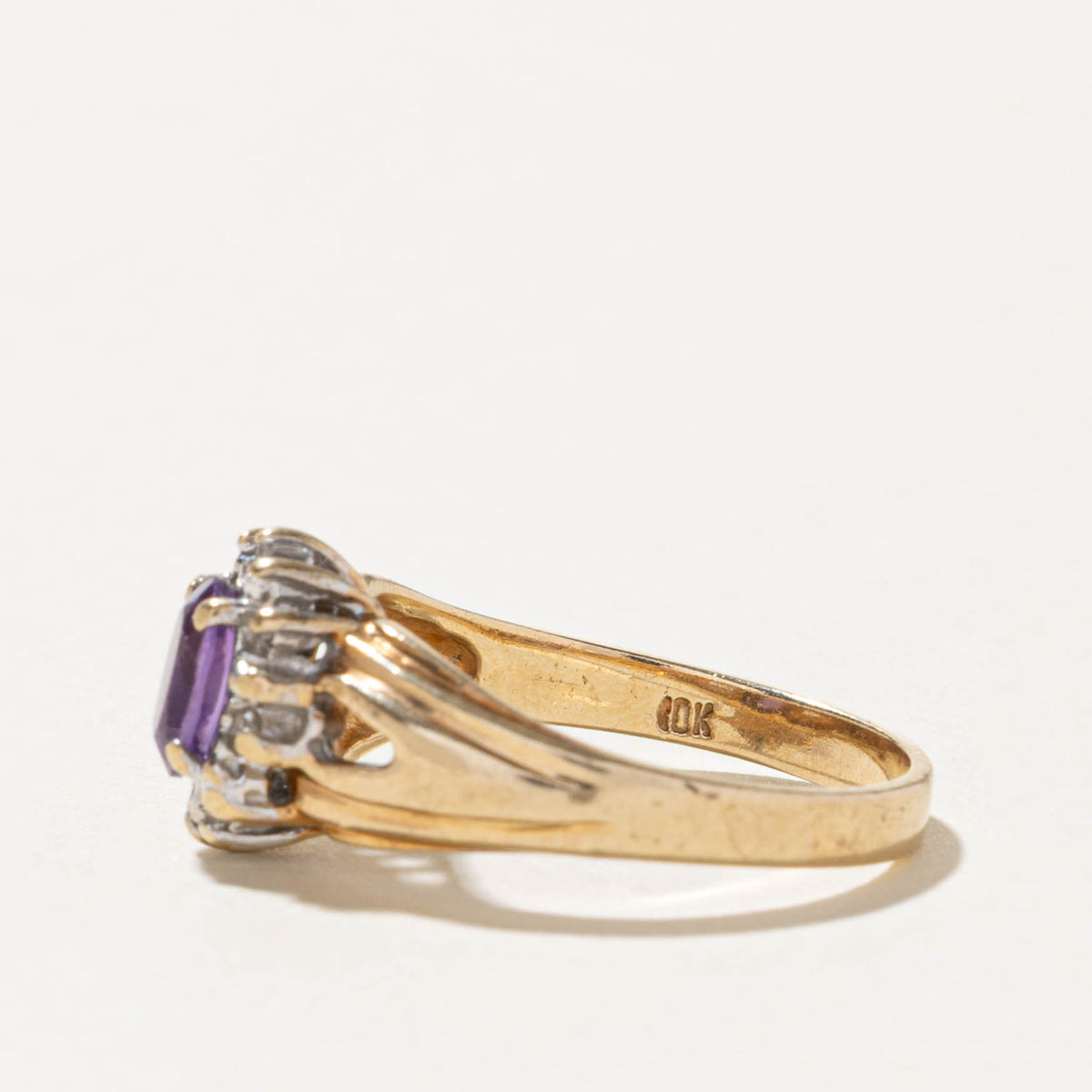 10k Amethyst & Diamond Petal Halo Grooved Ring | SZ 6