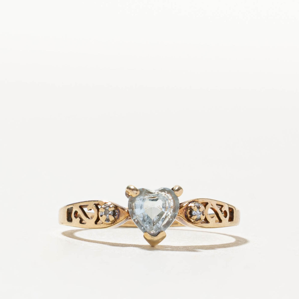 10k Heart Cut Aquamarine & Diamond Scrollwork Ring | SZ 5.5
