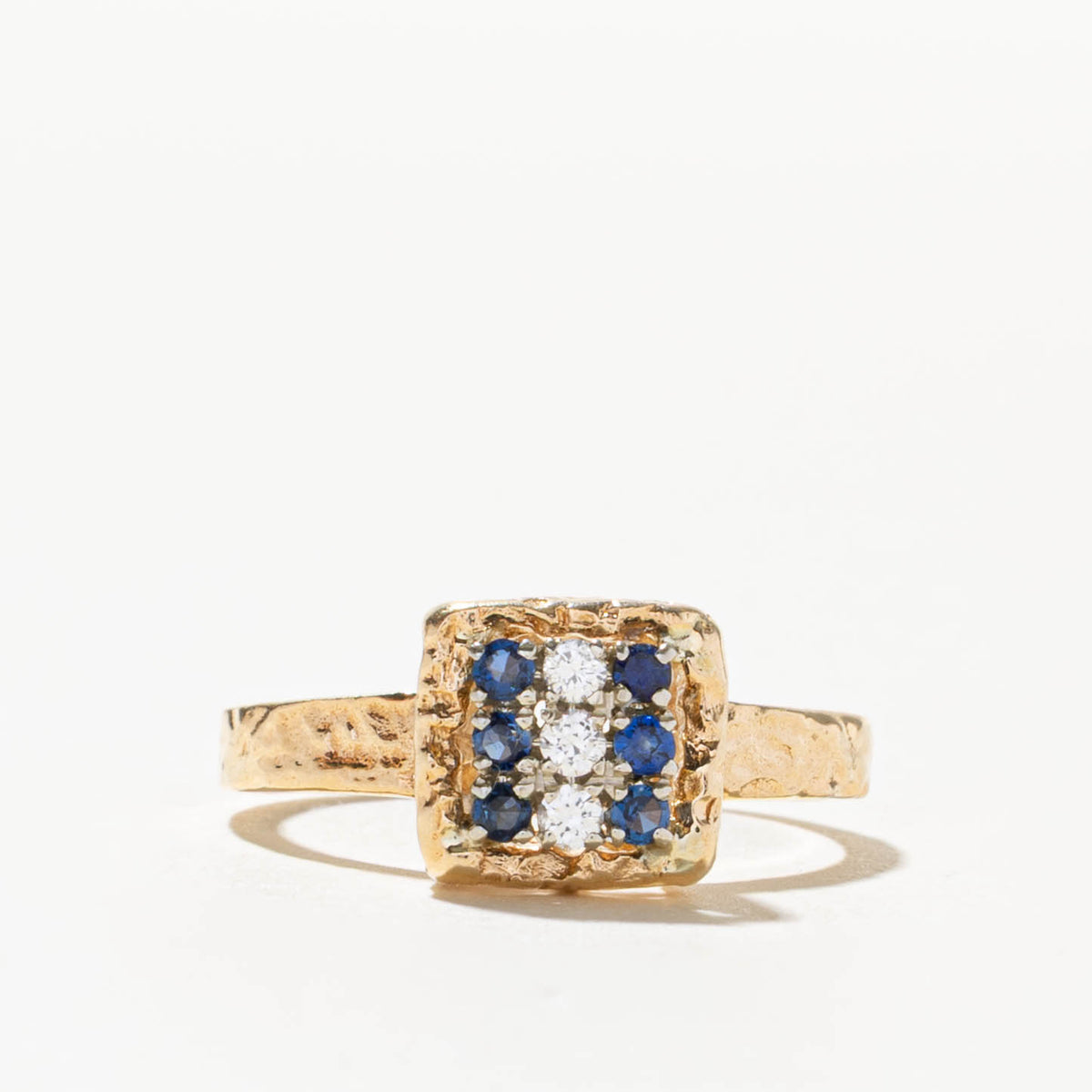 14k Diamond & Sapphire Grid Hammered Ring | SZ 6.75