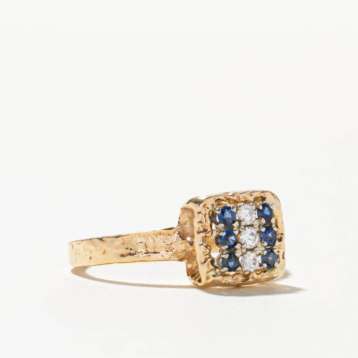 14k Diamond & Sapphire Grid Hammered Ring | SZ 6.75