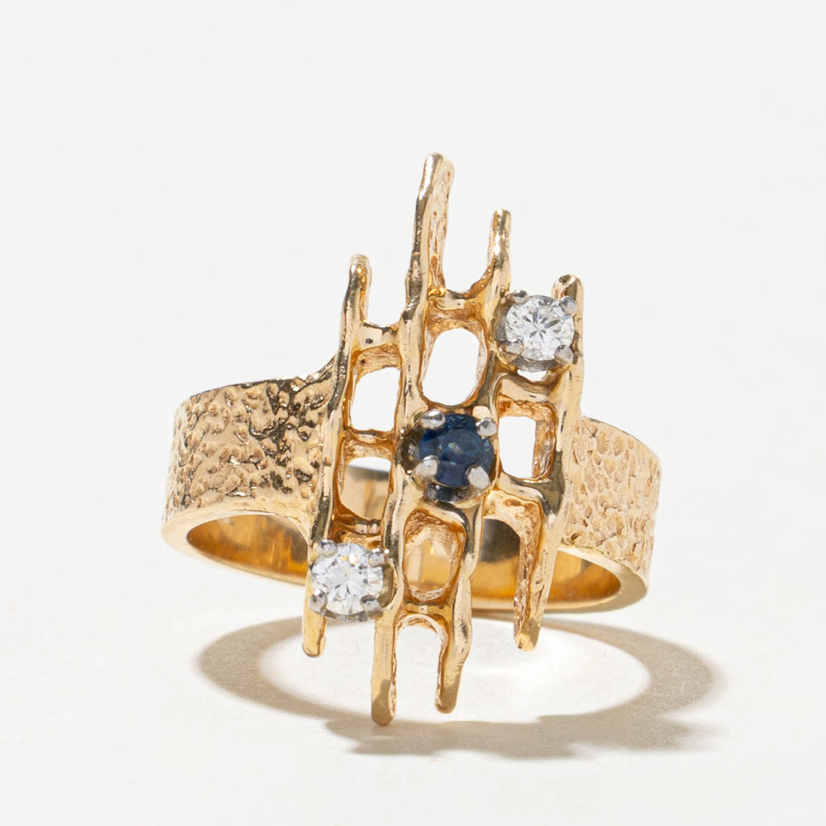 14k Three Stone Diamond & Sapphire Textured Abstract Ring | SZ 4.5