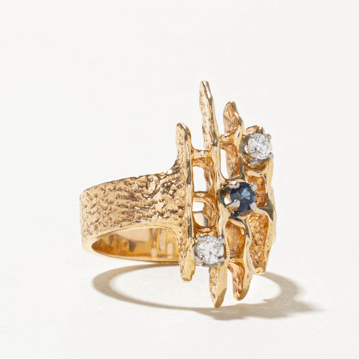 14k Three Stone Diamond & Sapphire Textured Abstract Ring | SZ 4.5