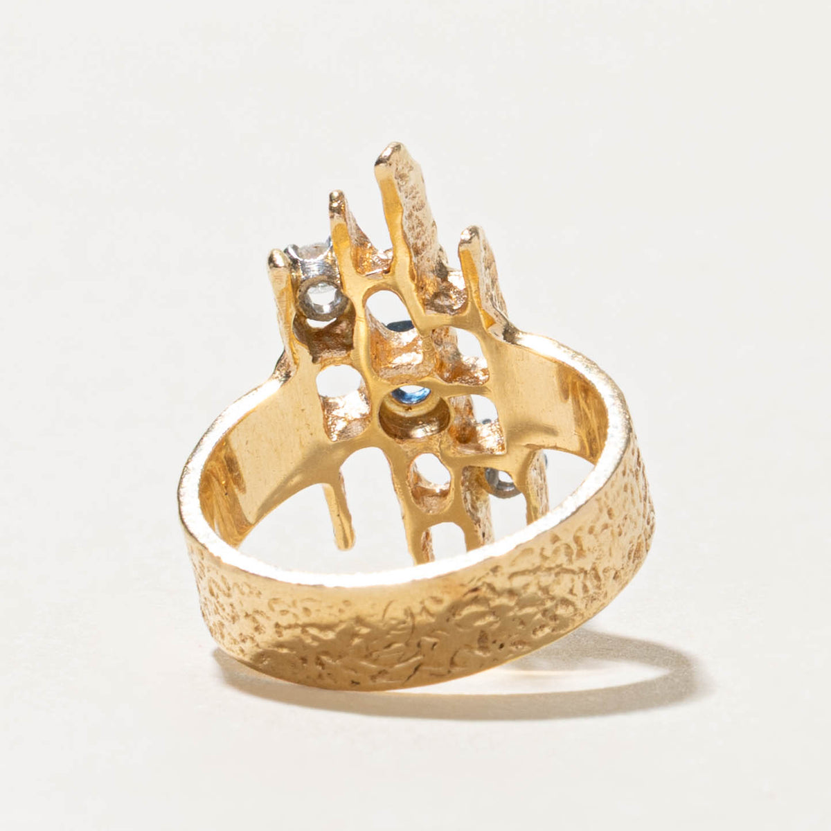 14k Three Stone Diamond & Sapphire Textured Abstract Ring | SZ 4.5