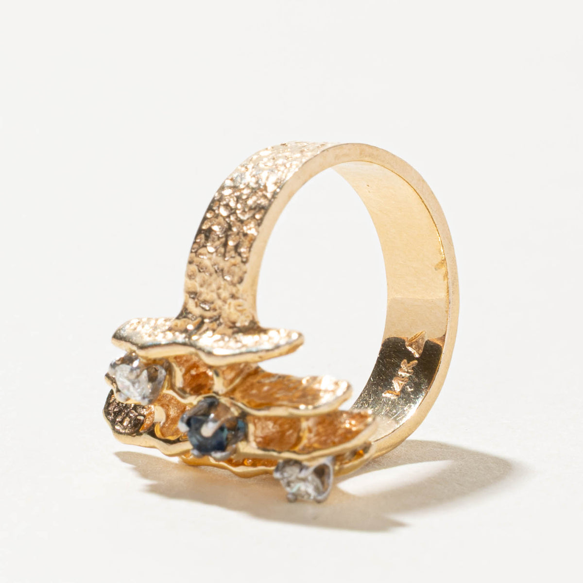 14k Three Stone Diamond & Sapphire Textured Abstract Ring | SZ 4.5