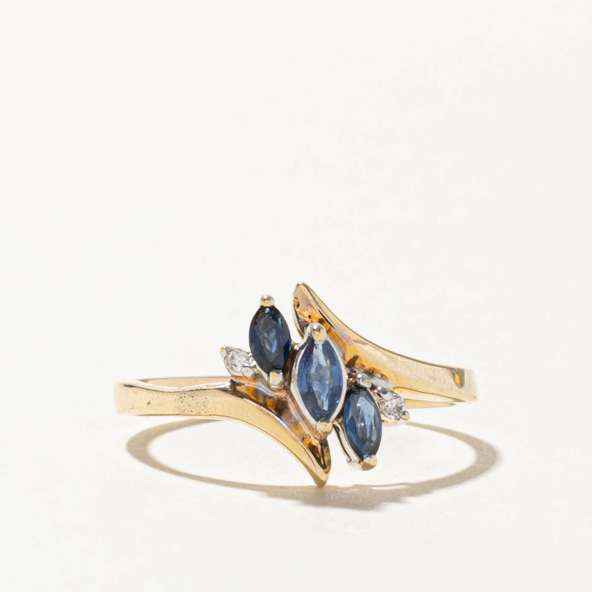 10k Three Stone Marquise Cut Sapphire & Diamond Bypass Ring | SZ 7.25