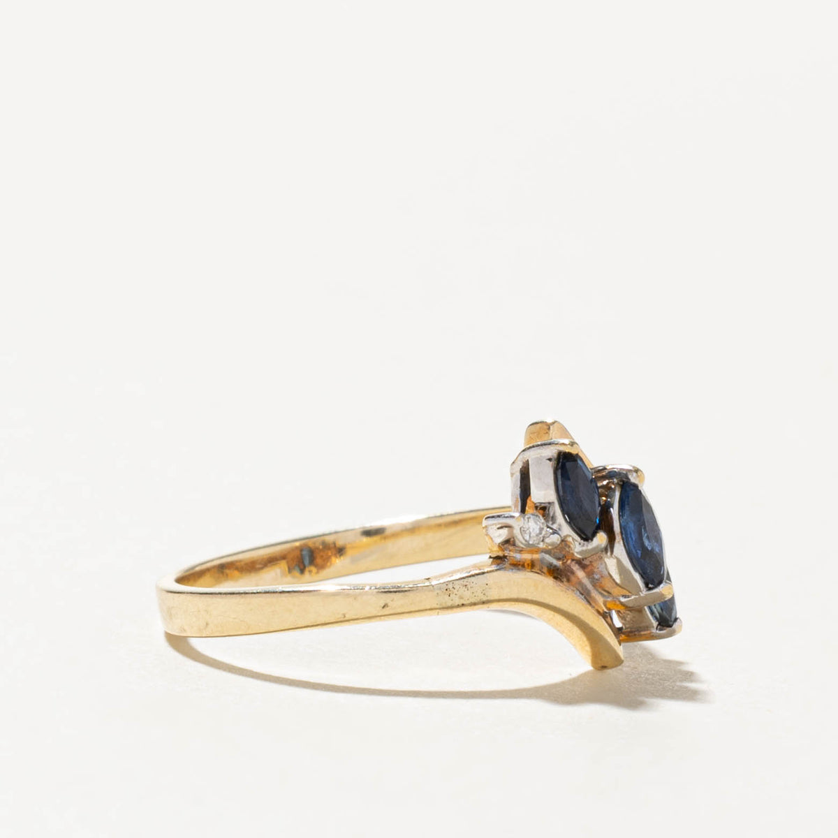 10k Three Stone Marquise Cut Sapphire & Diamond Bypass Ring | SZ 7.25