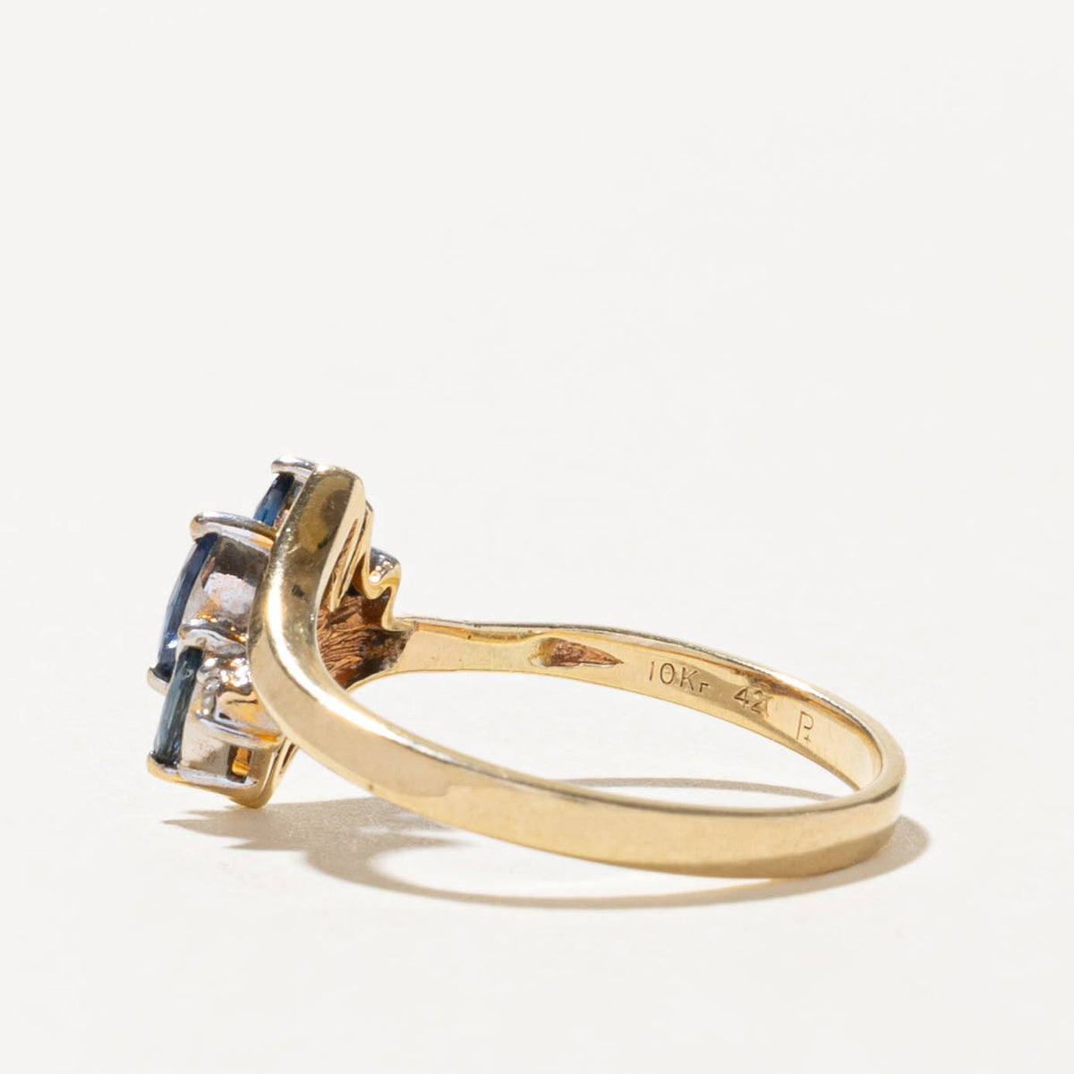 10k Three Stone Marquise Cut Sapphire & Diamond Bypass Ring | SZ 7.25