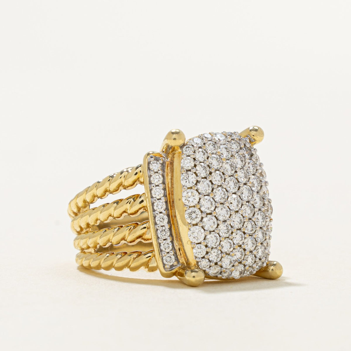 18k Pave Set Diamond Grooved & Rope Cocktail Ring | 1.13ctw | SZ 6