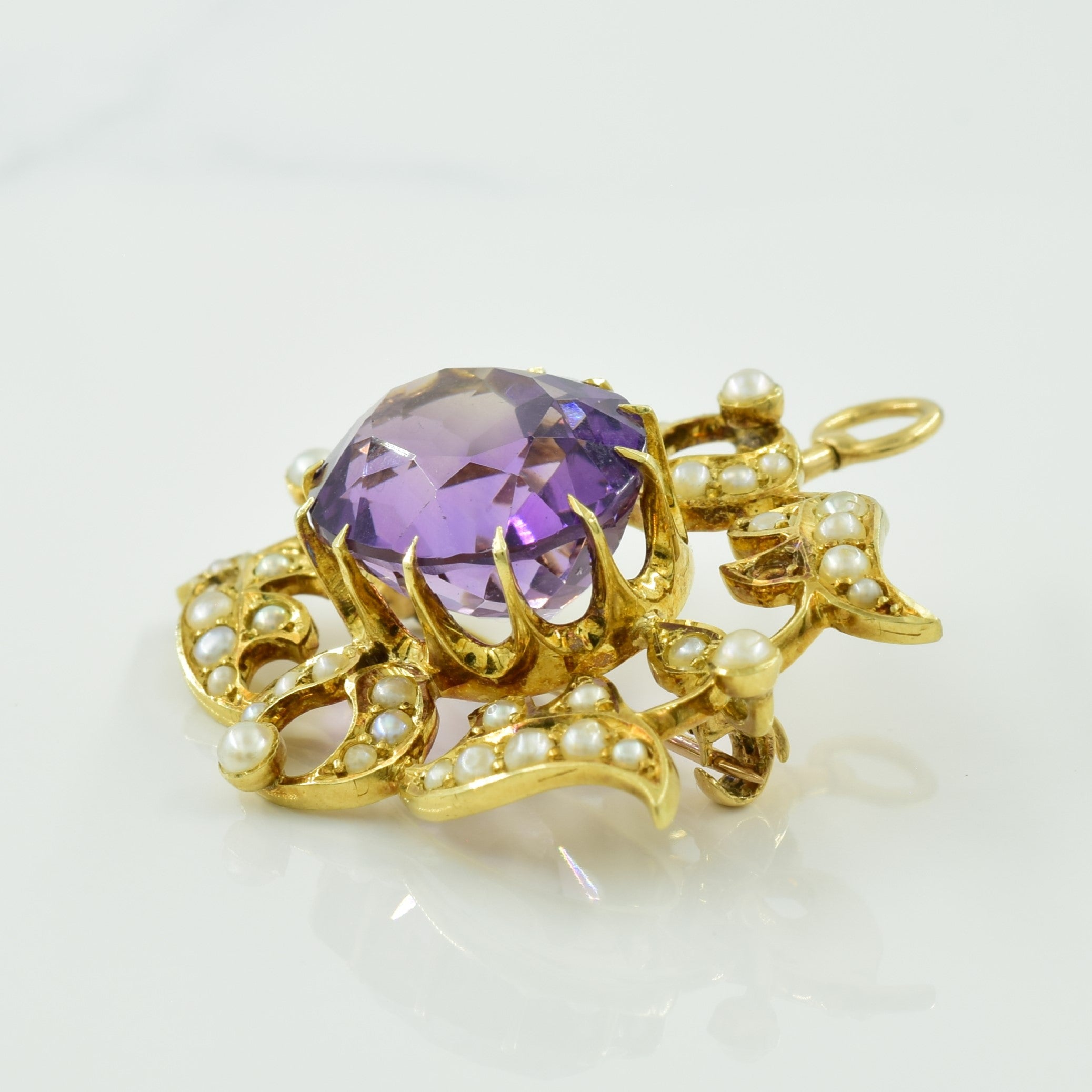 Amethyst & Seed Pearl Brooch & 14k Pendant | 8.75ct, 1.07ctw |