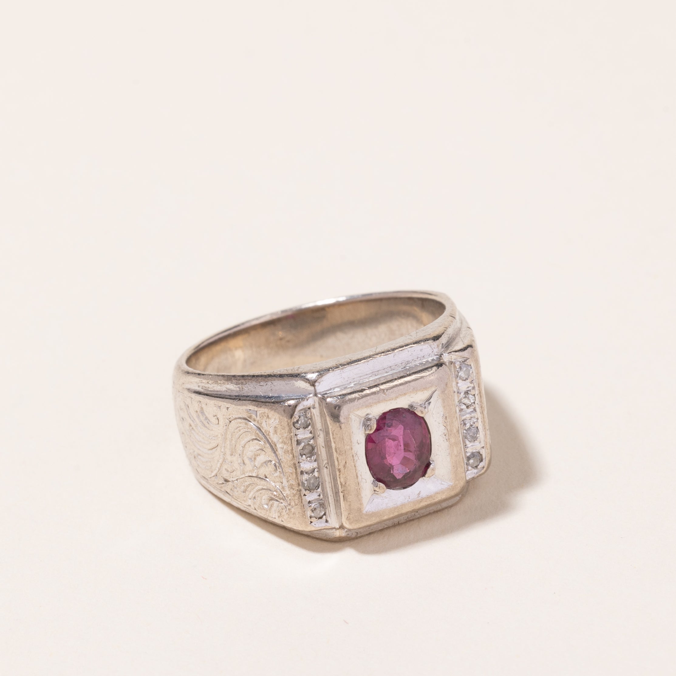 18k White Gold Ruby and Diamond Ring | 0.60ct, 0.08ctw | SZ 8.75