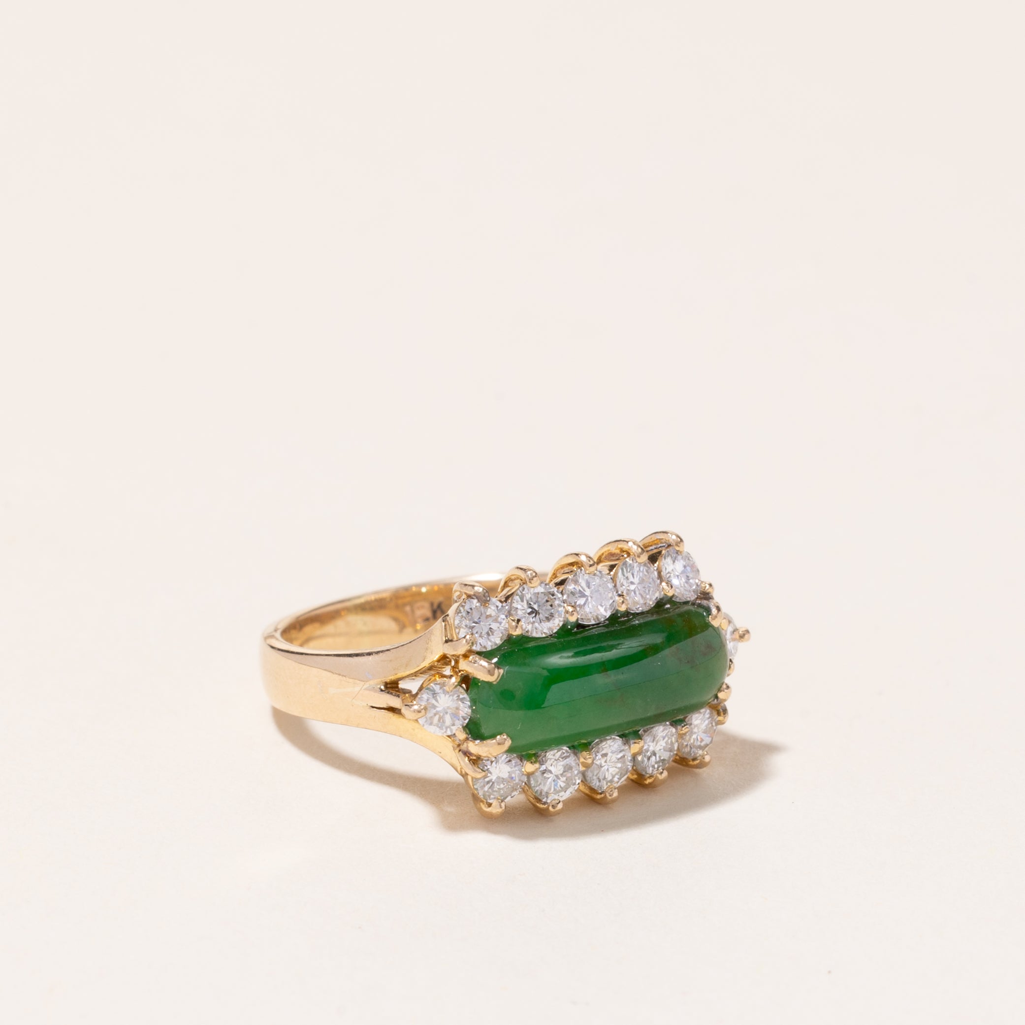 18k Yellow Gold Jade and Diamond Ring | 13.60x5x3mm, 0.67ctw | SZ 5.25