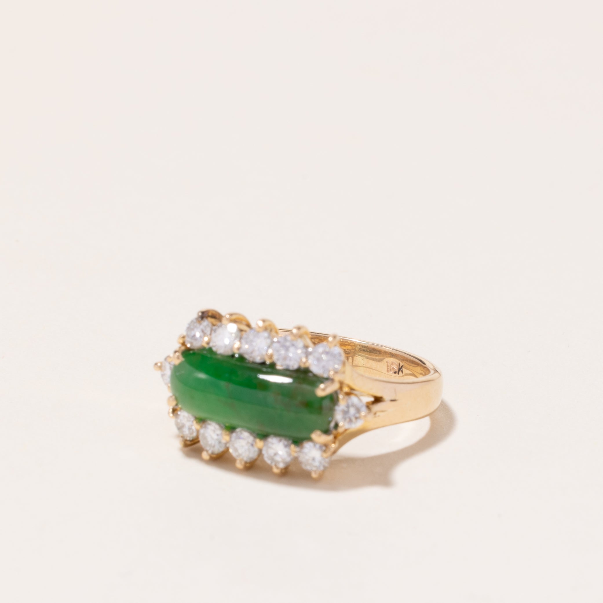 18k Yellow Gold Jade and Diamond Ring | 13.60x5x3mm, 0.67ctw | SZ 5.25