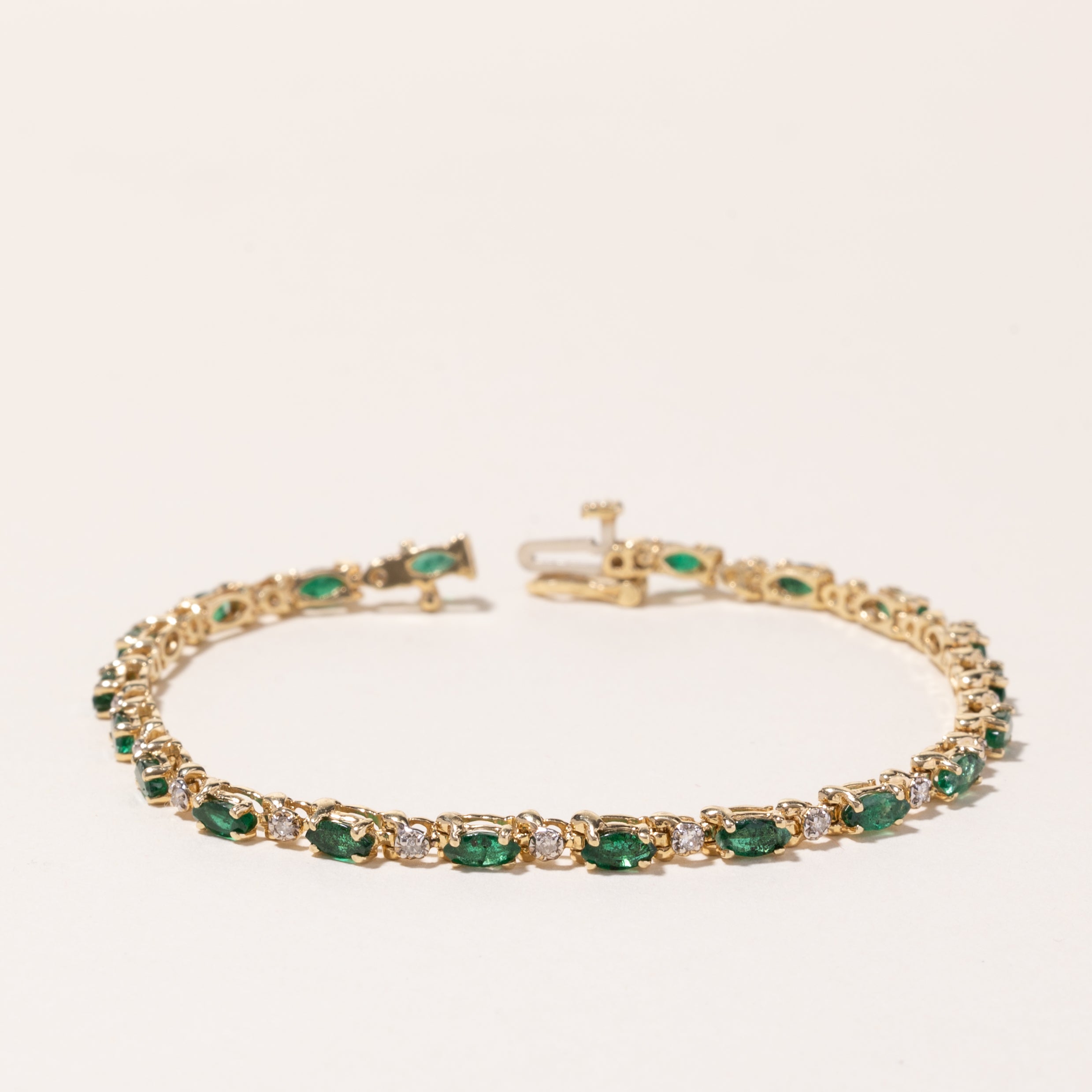 14k Yellow Gold Emerald and Diamond Bracelet | 2.69ctw, 0.24ctw | 7"