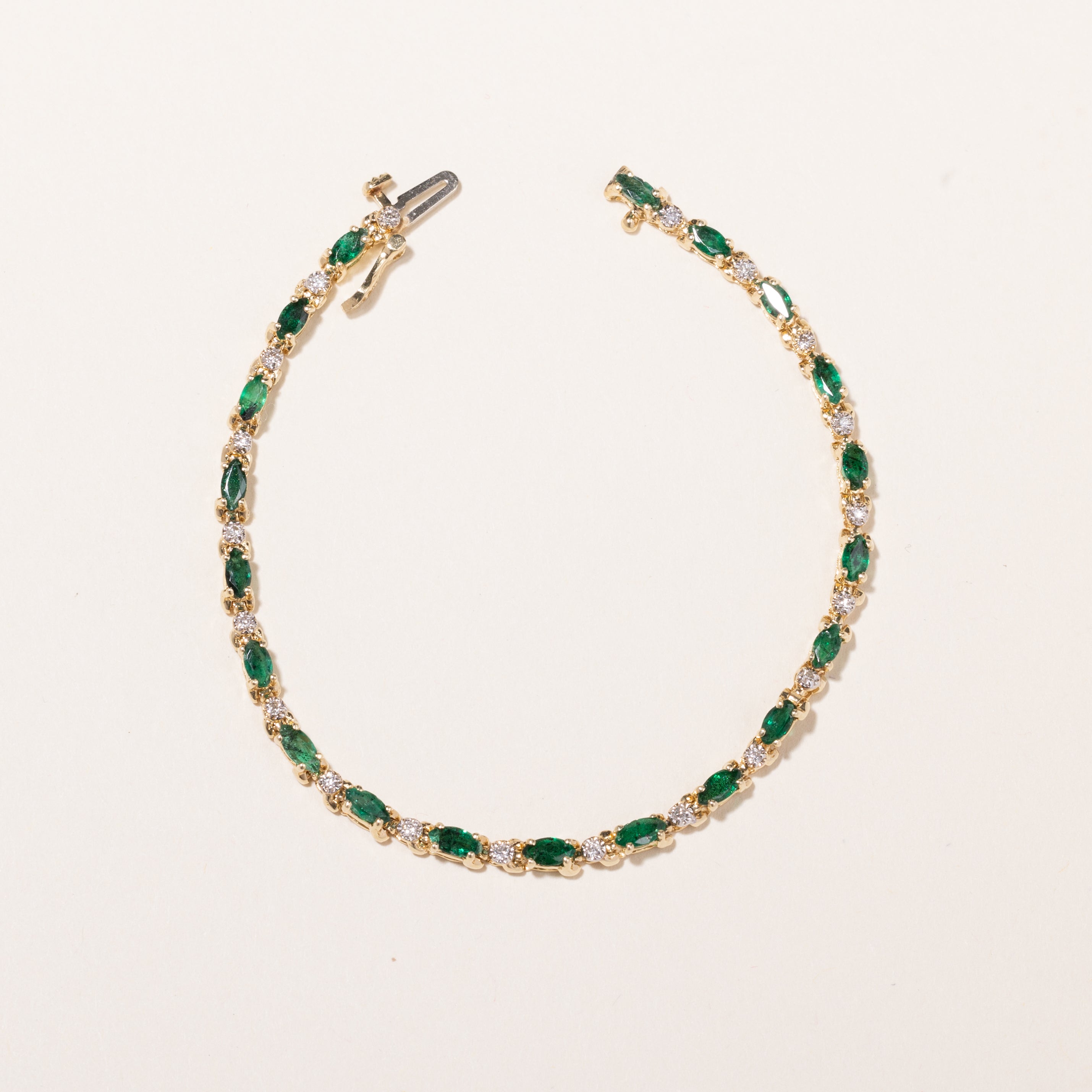 14k Yellow Gold Emerald and Diamond Bracelet | 2.69ctw, 0.24ctw | 7"