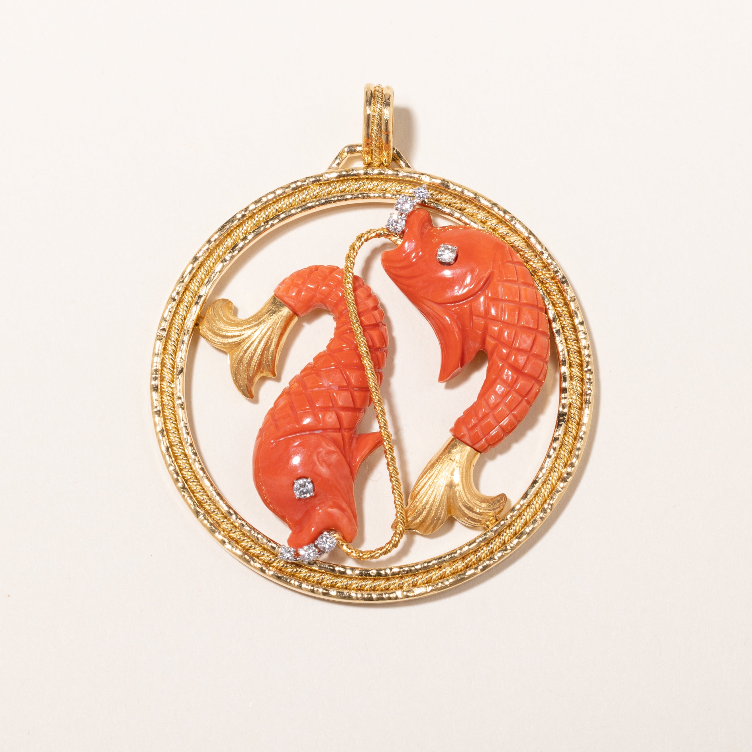 Vintage Italian 18k Orange Coral & Diamond Pisces Pendent | 40x18x6mm, 0.28ctw | 6x7cm