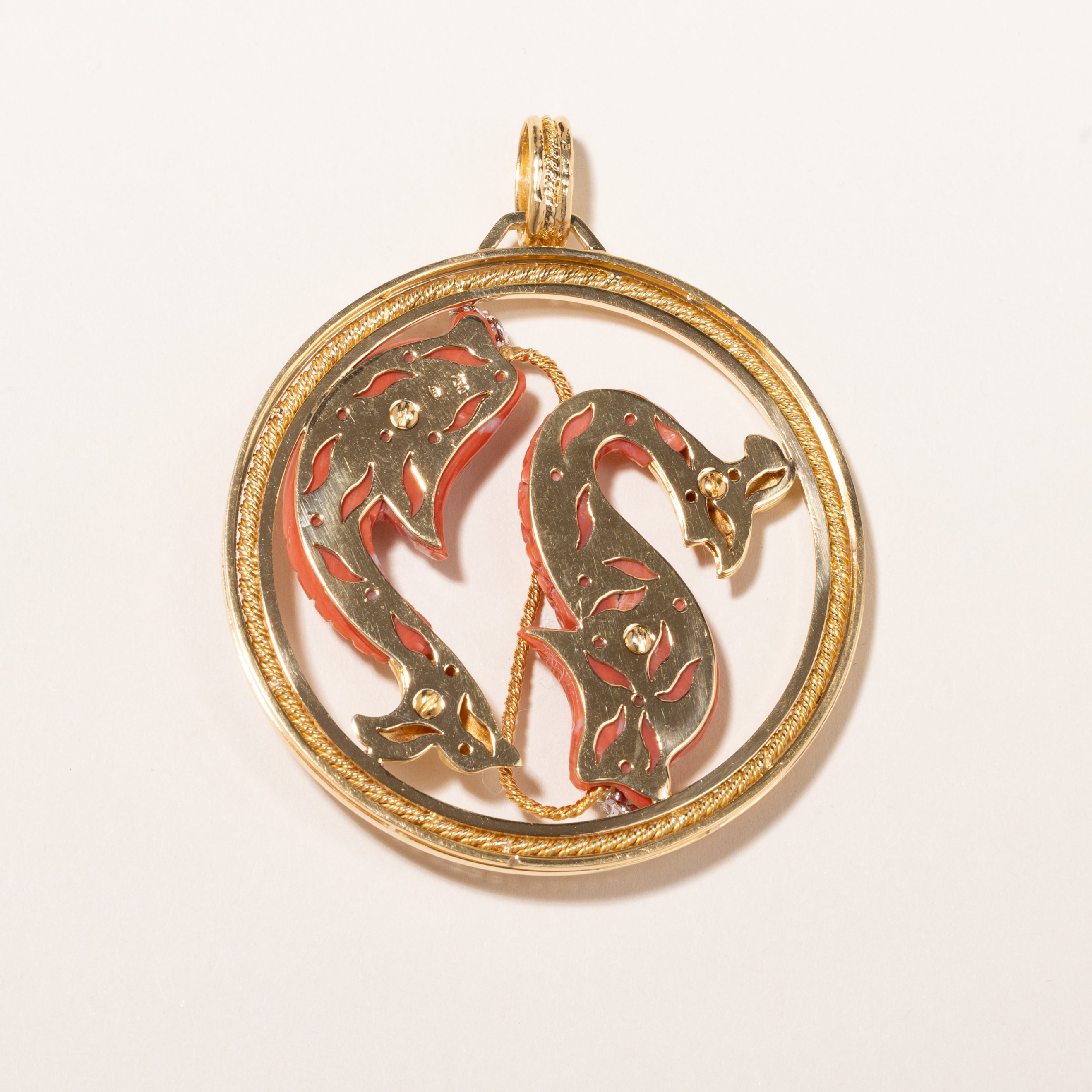 Vintage Italian 18k Orange Coral & Diamond Pisces Pendent | 40x18x6mm, 0.28ctw | 6x7cm