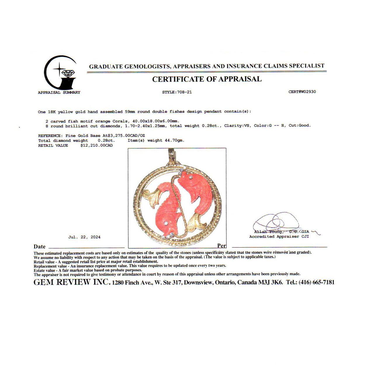 Vintage Italian 18k Orange Coral & Diamond Pisces Pendent | 40x18x6mm, 0.28ctw | 6x7cm