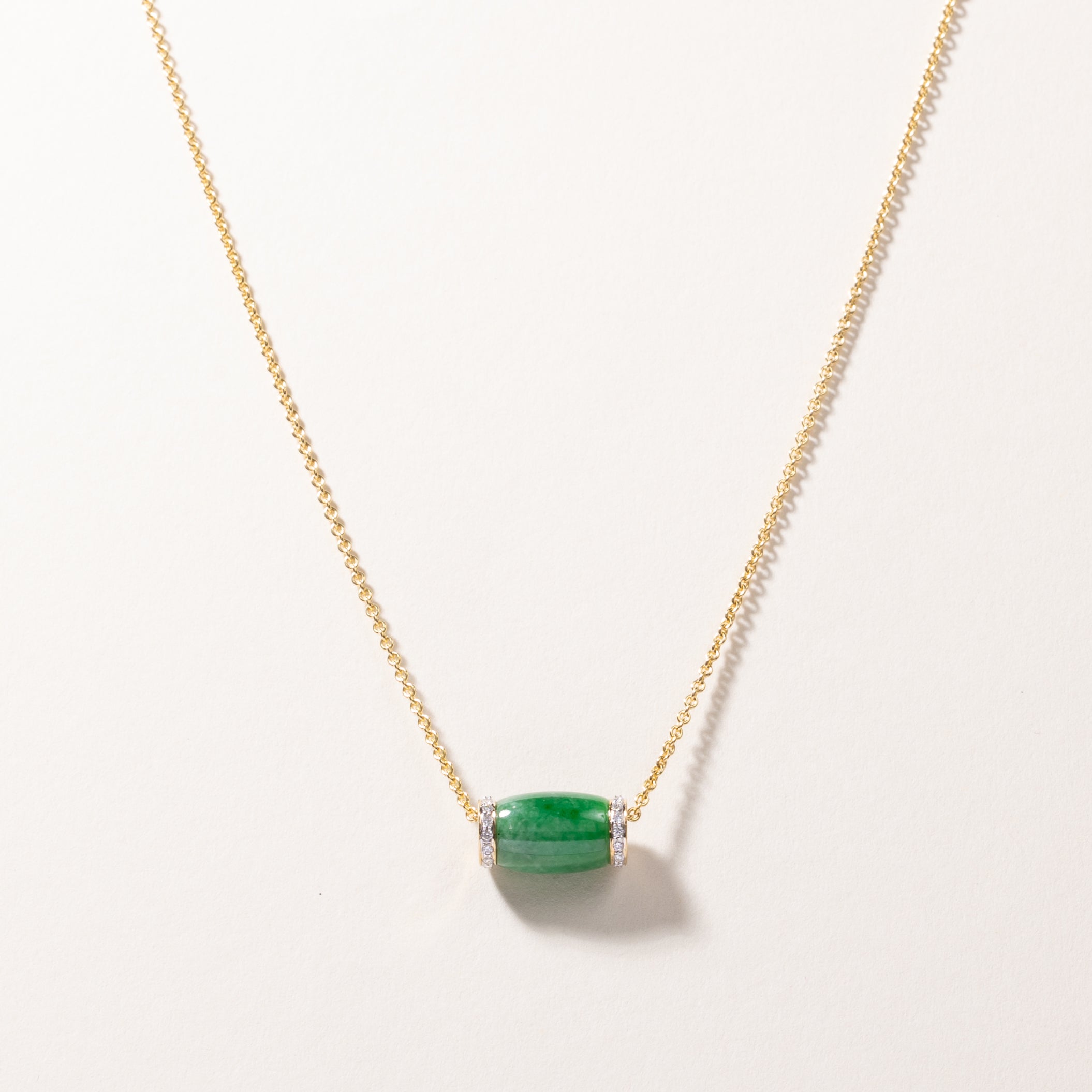 18k Yellow Gold Jade and Diamond Necklace | 12x8.7x8.7mm, 0.22ctw | 18"