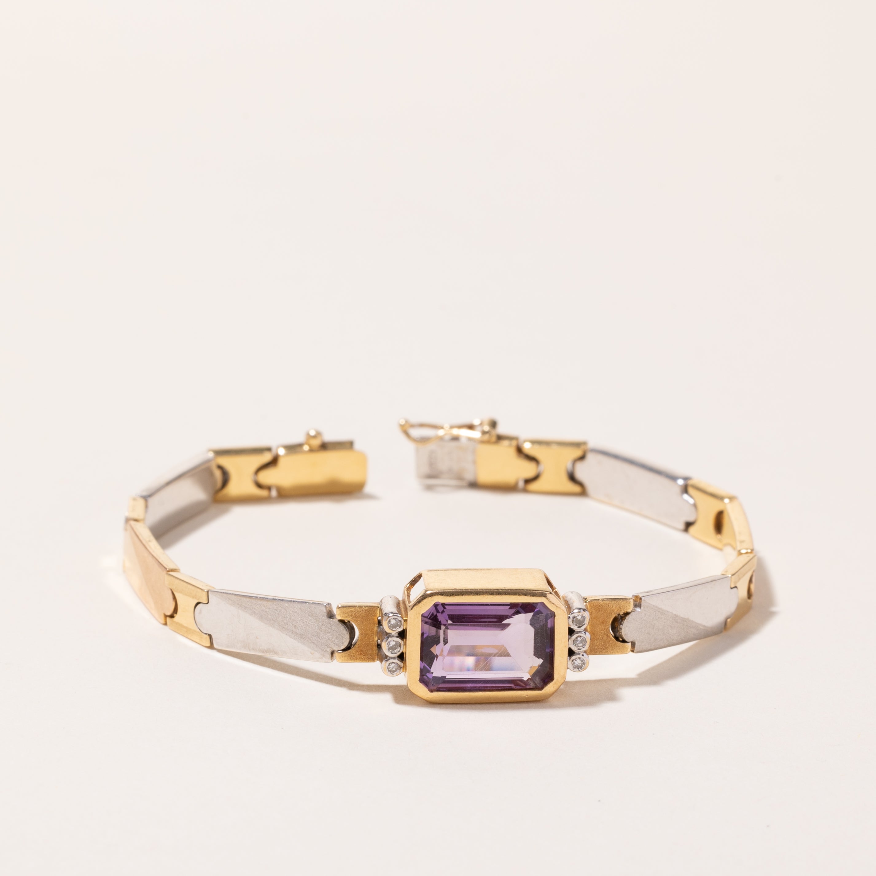 Italian 18k Tri-Tone Gold Amethyst & Diamond Bracelet | 6.55ct, 0.09ctw | 7"