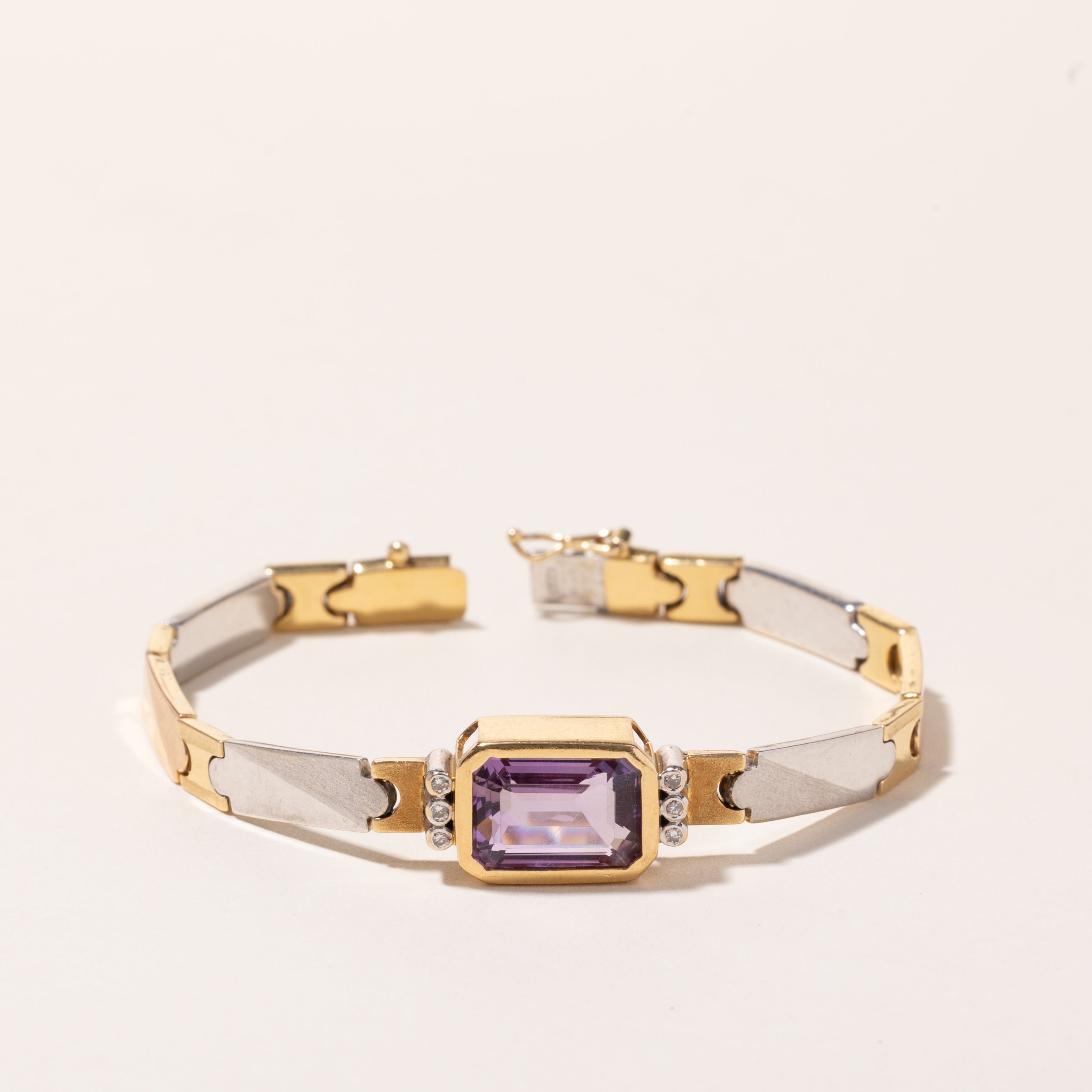 Italian 18k Tri-Tone Gold Amethyst & Diamond Bracelet | 6.55ct, 0.09ctw | 7"