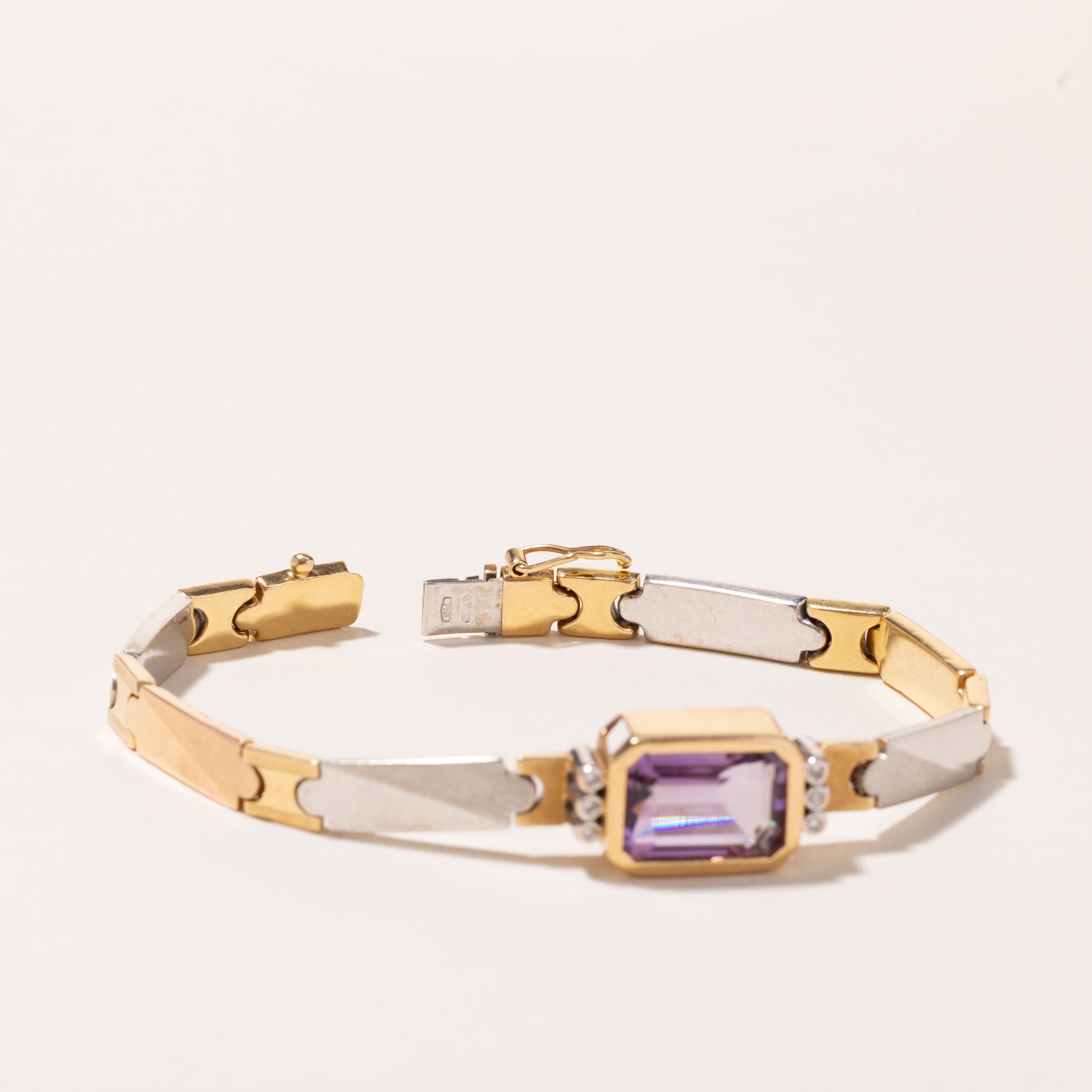 Italian 18k Tri-Tone Gold Amethyst & Diamond Bracelet | 6.55ct, 0.09ctw | 7"