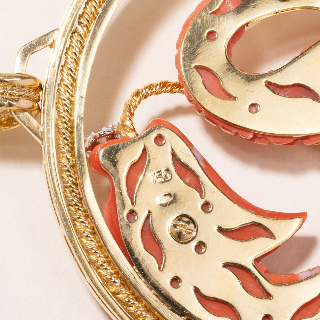 Vintage Italian 18k Orange Coral & Diamond Pisces Pendent | 40x18x6mm, 0.28ctw | 6x7cm