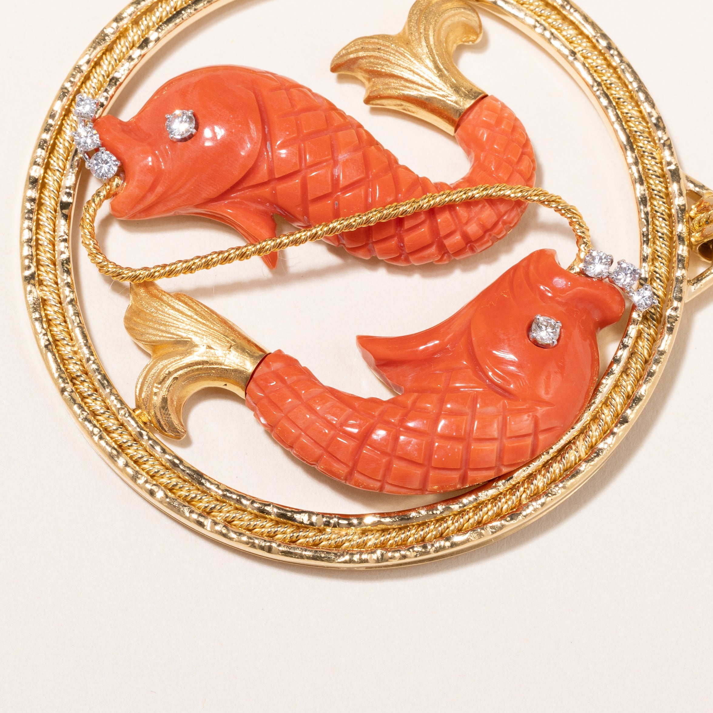 Vintage Italian 18k Orange Coral & Diamond Pisces Pendent | 40x18x6mm, 0.28ctw | 6x7cm