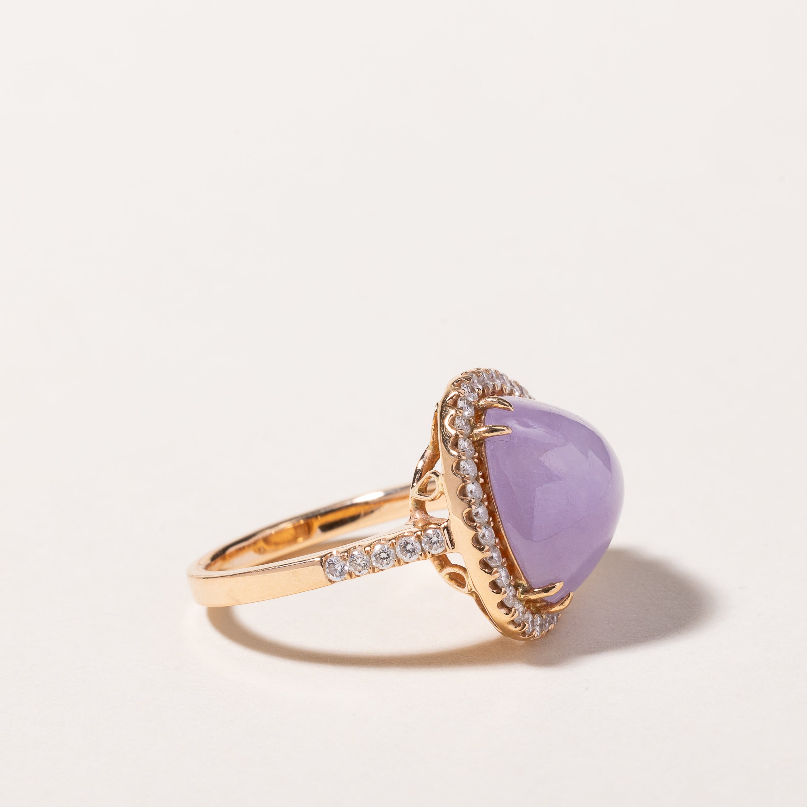 18k Rose Gold Lavender Jade and Diamond Ring | 13.90x12.20x8.00mm, 0.50ctw | SZ 6