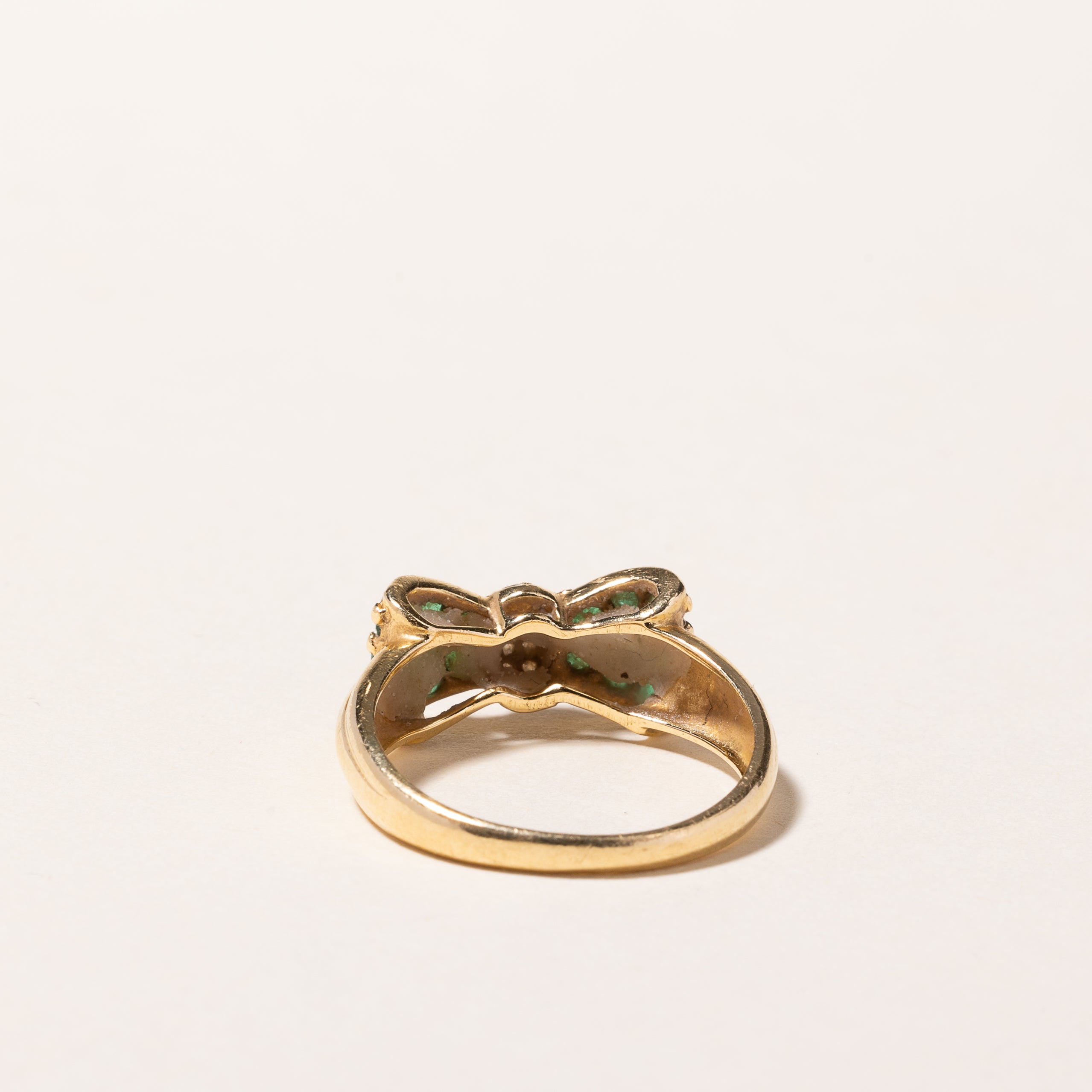 Birks' Vintage 18k Yellow Gold Emerald & Diamond Bow Design Ring | 0.48ctw, 0.10ctw | SZ 6.25