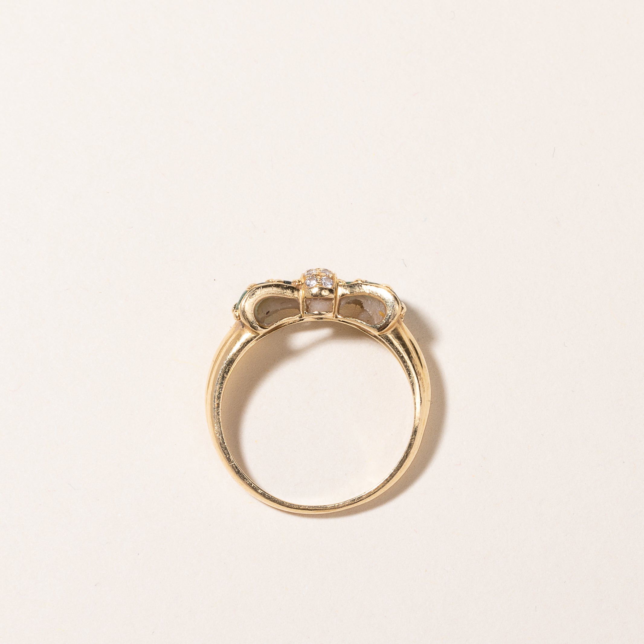 Birks' Vintage 18k Yellow Gold Emerald & Diamond Bow Design Ring | 0.48ctw, 0.10ctw | SZ 6.25