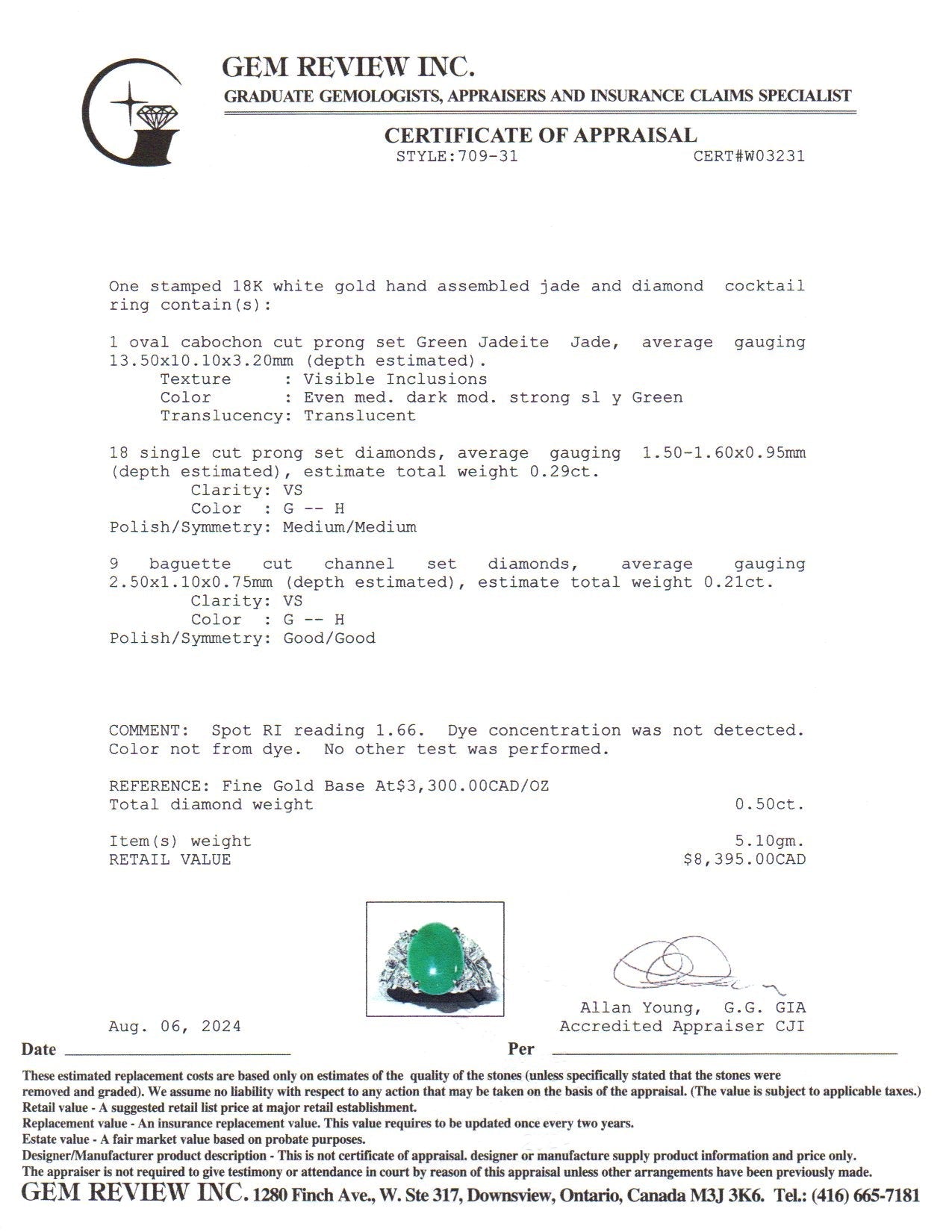 Bague en or blanc 18 carats, jade et diamants | 13,50 x 10,10 x 3,20 mm, 0,50 ct au total | Taille 7,25