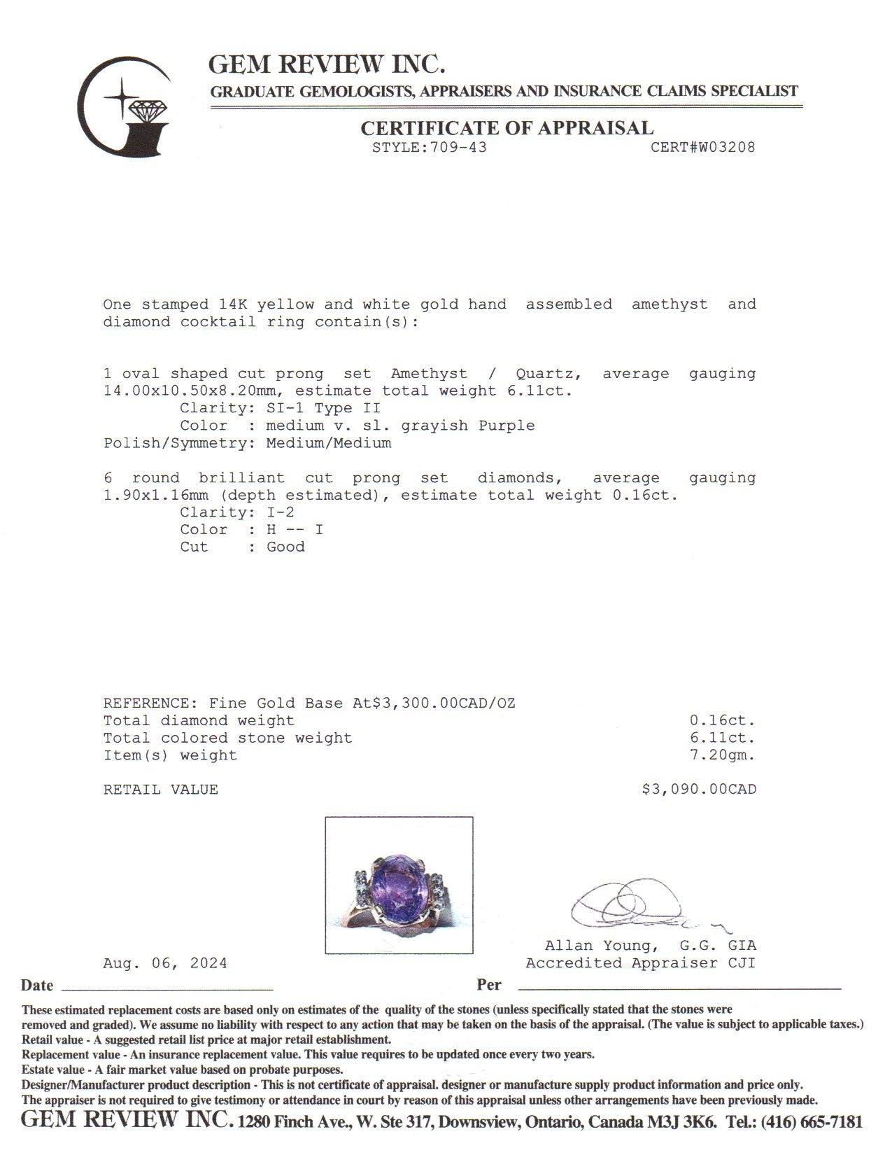 14k Yellow Gold Amethyst and Diamond Ring | 6.11ct, 0.16ctw | SZ 6.25