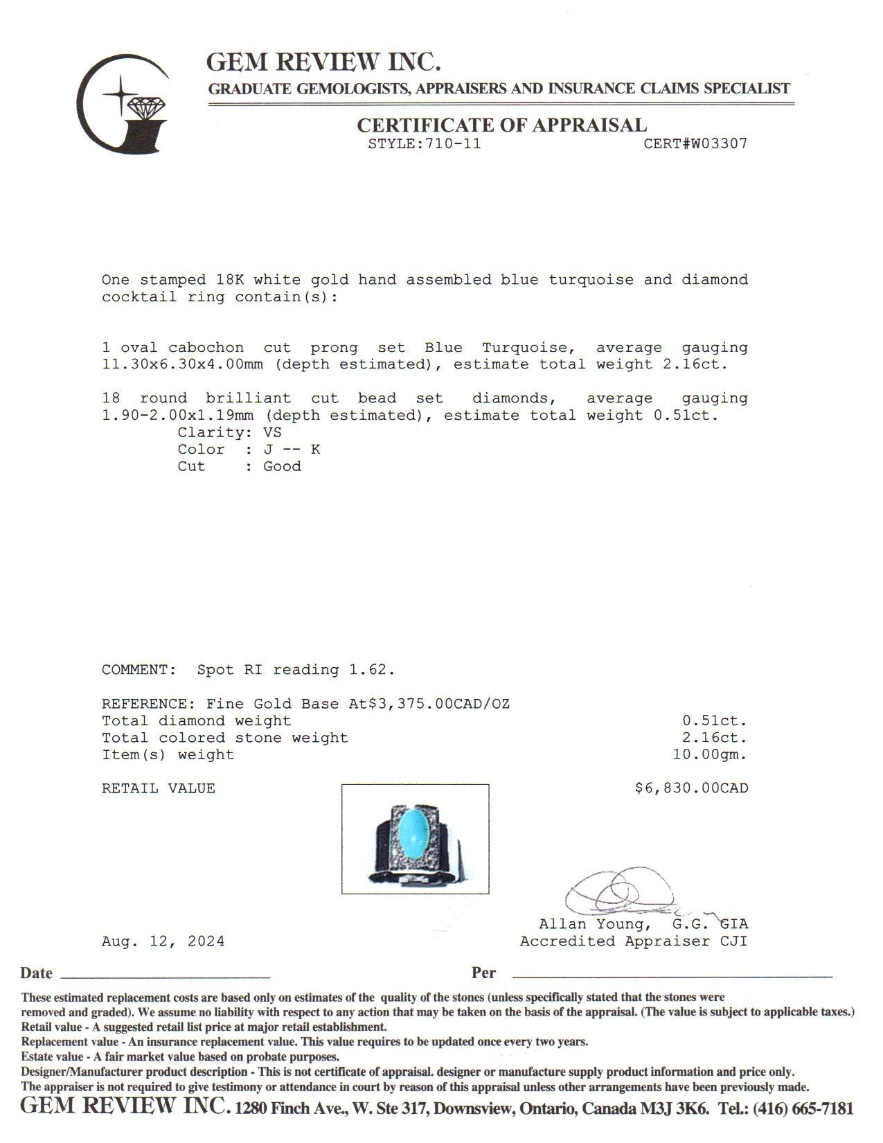18K White Gold Turquoise & Diamond Ring | 2.16ct, 0.51ctw | SZ 8.75