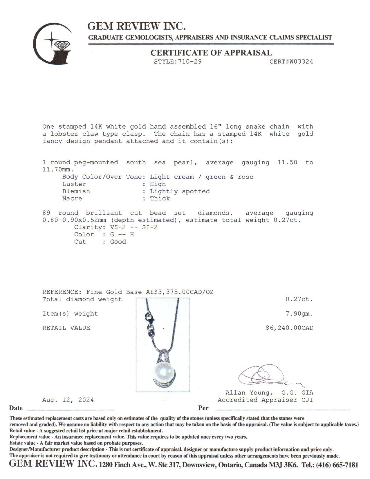 14k White Gold South Sea Pearl & Diamond Necklace | 11.50-11.70mm, 0.27ctw | 16"