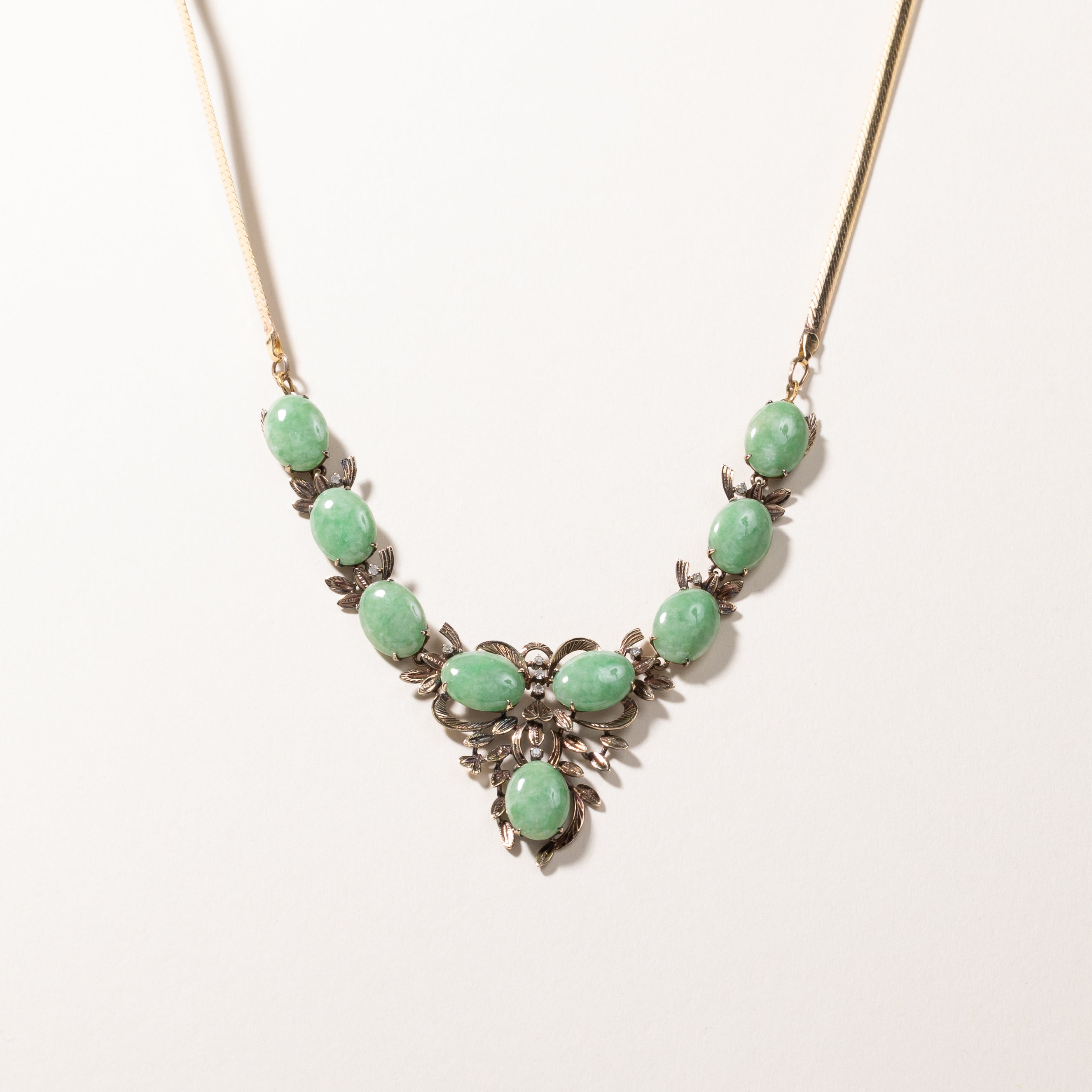 14k Yellow Gold Jade & Diamond Necklace | 12.00x8.80x2.80mm, 0.13ctw | 17"