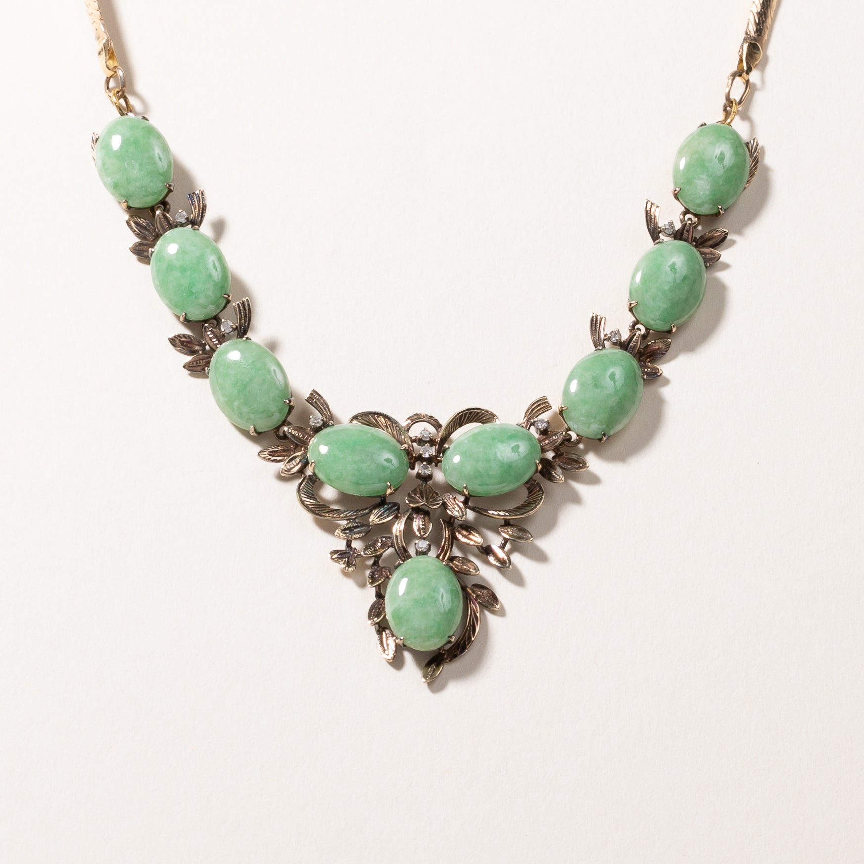 14k Yellow Gold Jade & Diamond Necklace | 12.00x8.80x2.80mm, 0.13ctw | 17"