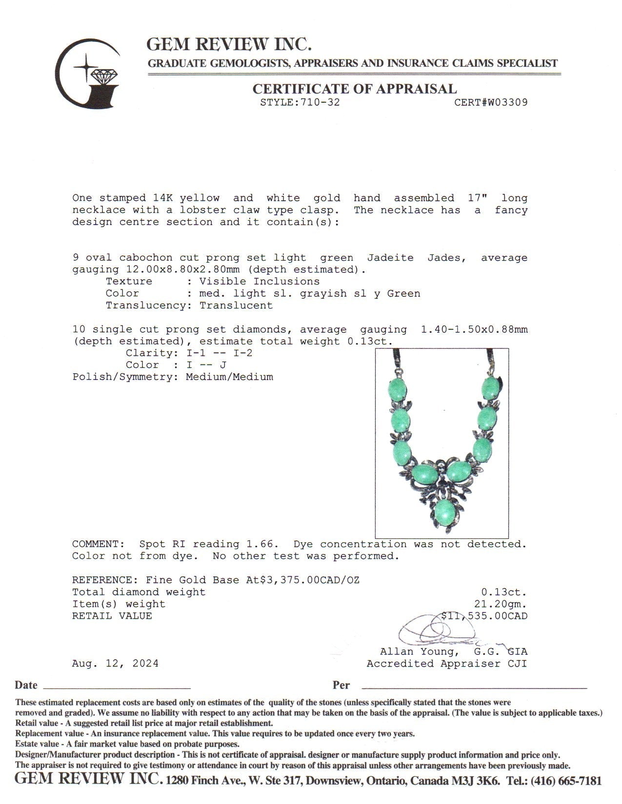 14k Yellow Gold Jade & Diamond Necklace | 12.00x8.80x2.80mm, 0.13ctw | 17"