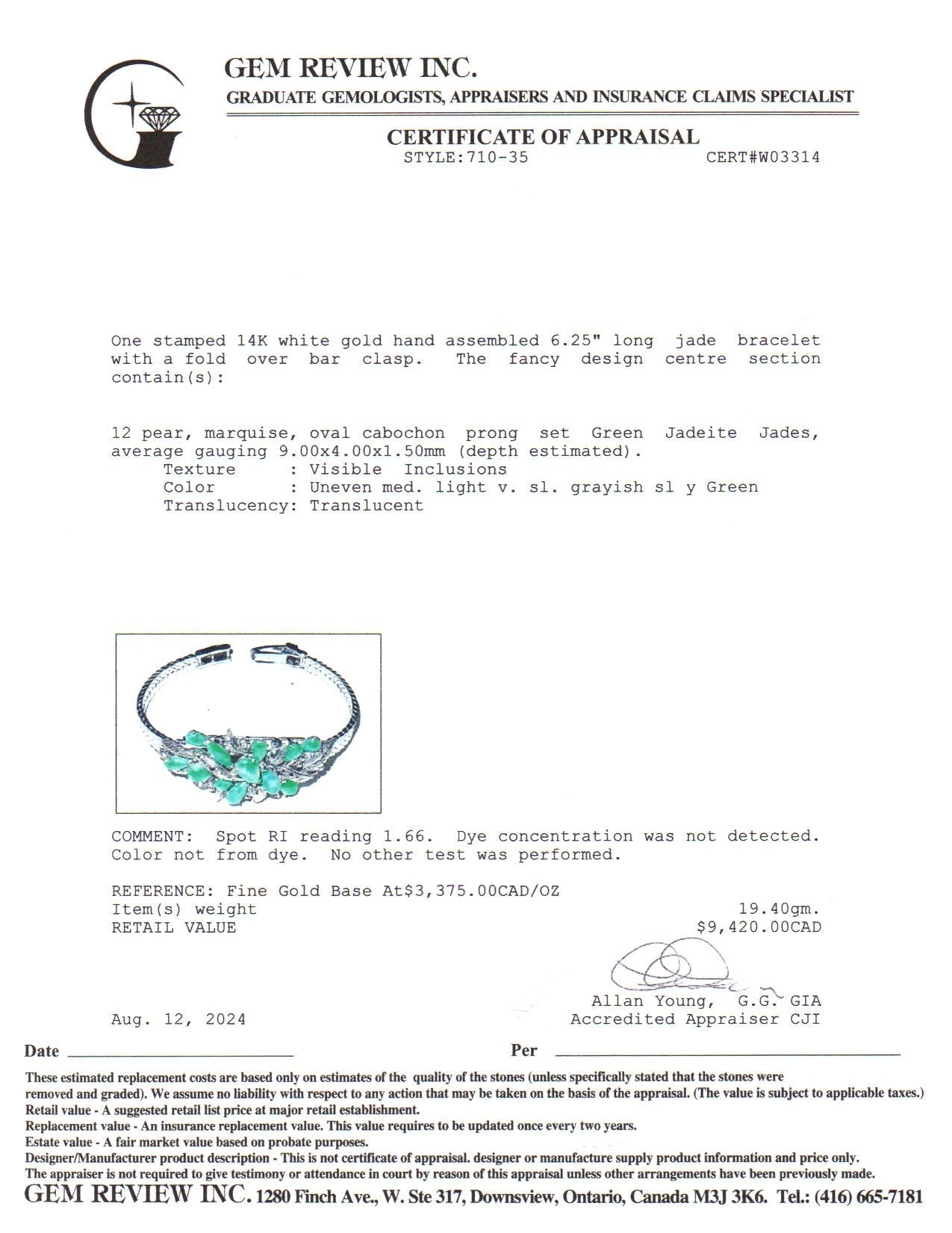 14k White Gold Jade Bracelet | 9.00x4.00x1.50mm | 6.25"