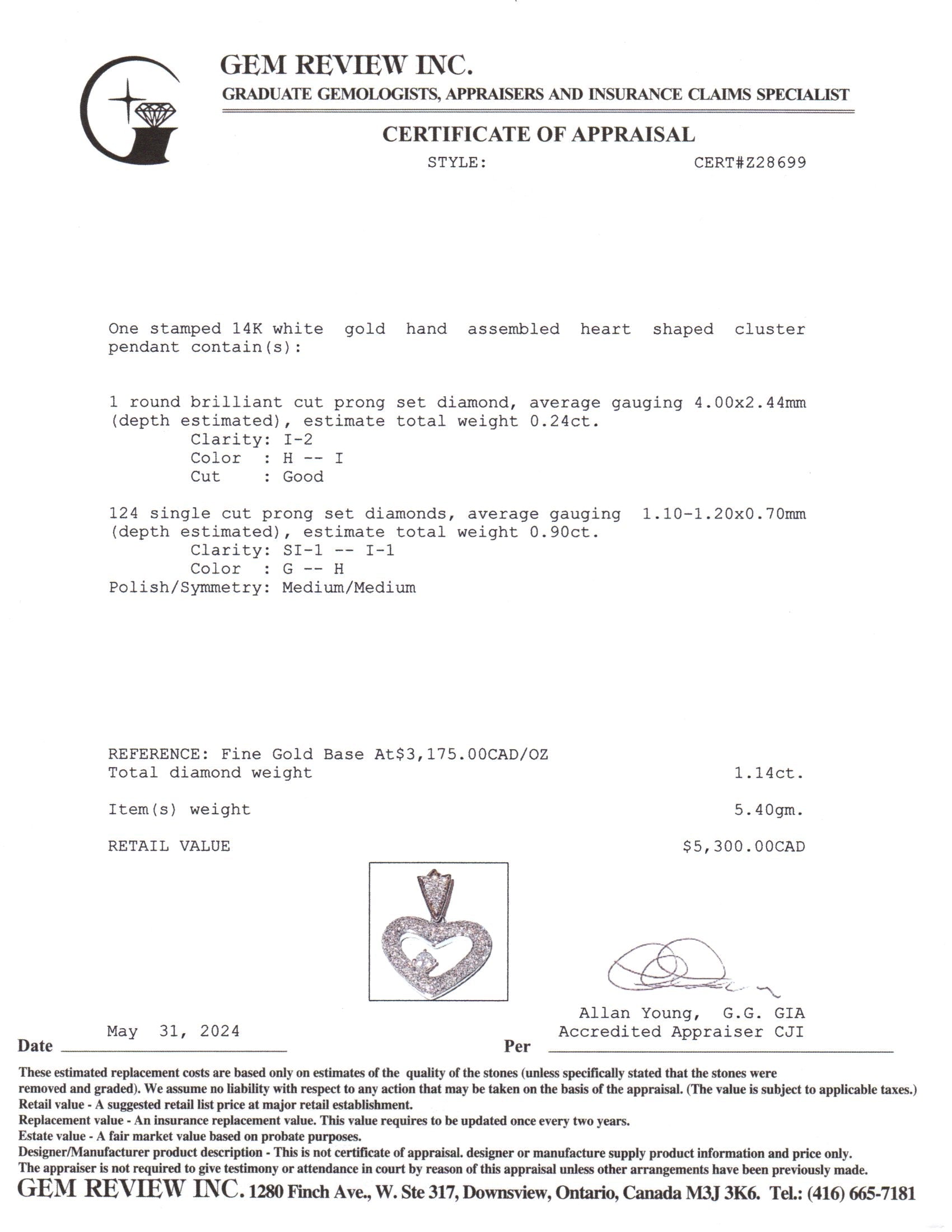 14K White Gold Heart Shaped Diamond Pendant | 1.14ctw