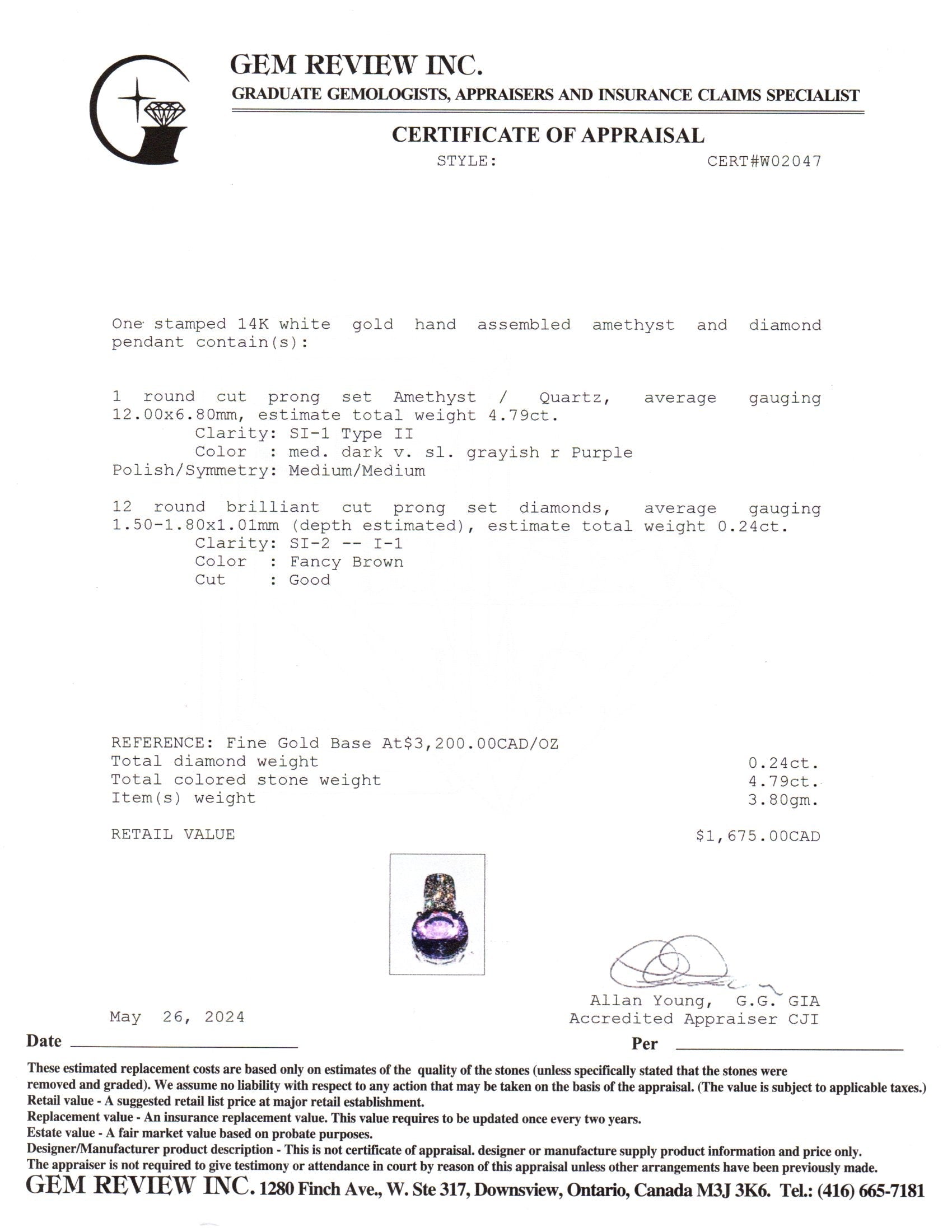 14K White Gold Amethyst & Diamond Pendant | 4.79ct, 0.24ctw