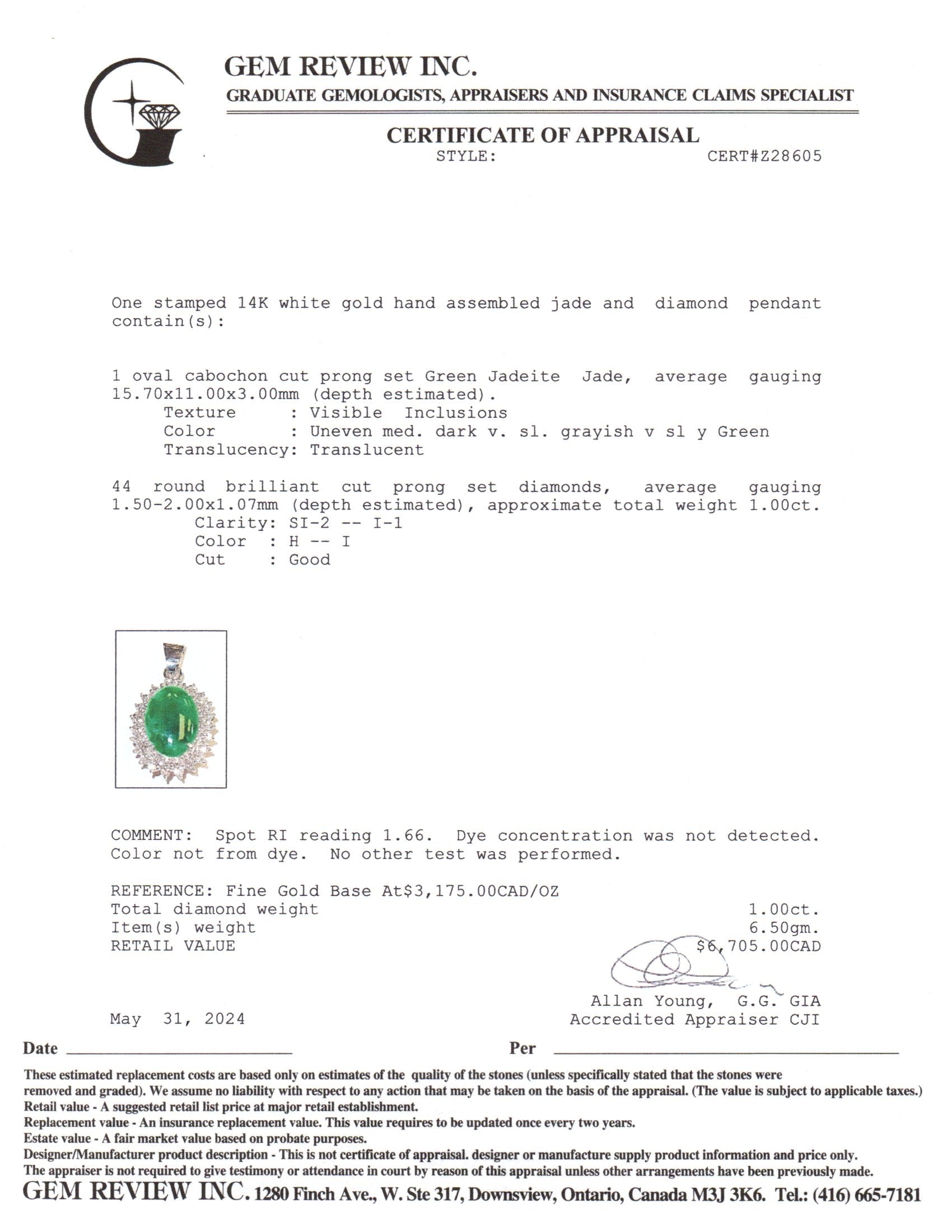 Pendentif en or blanc 14 carats, jade et diamants | 15,70 x 11,00 x 3,00 mm, 1,00 ct au total |