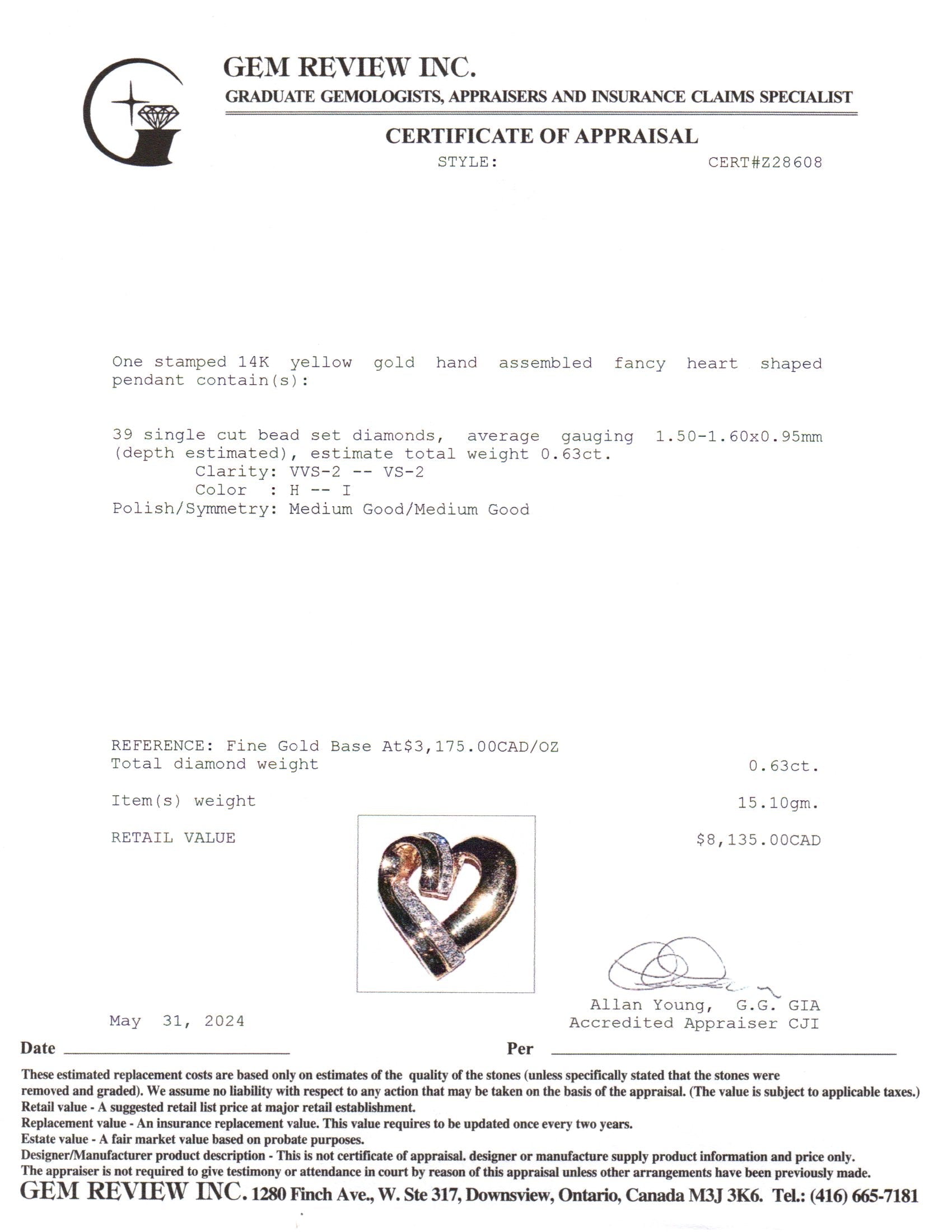 14K Yellow Gold Heart Shaped Diamond Pendant | 0.63ctw