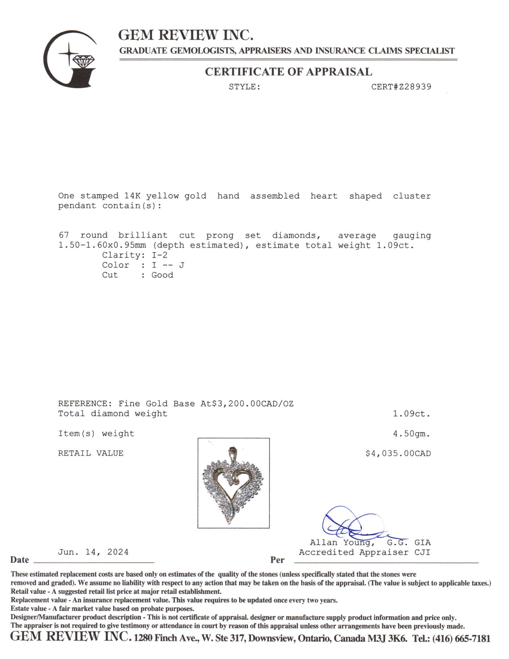 14K Yellow Gold Heart Shaped Diamond Pendant | 1.09ctw