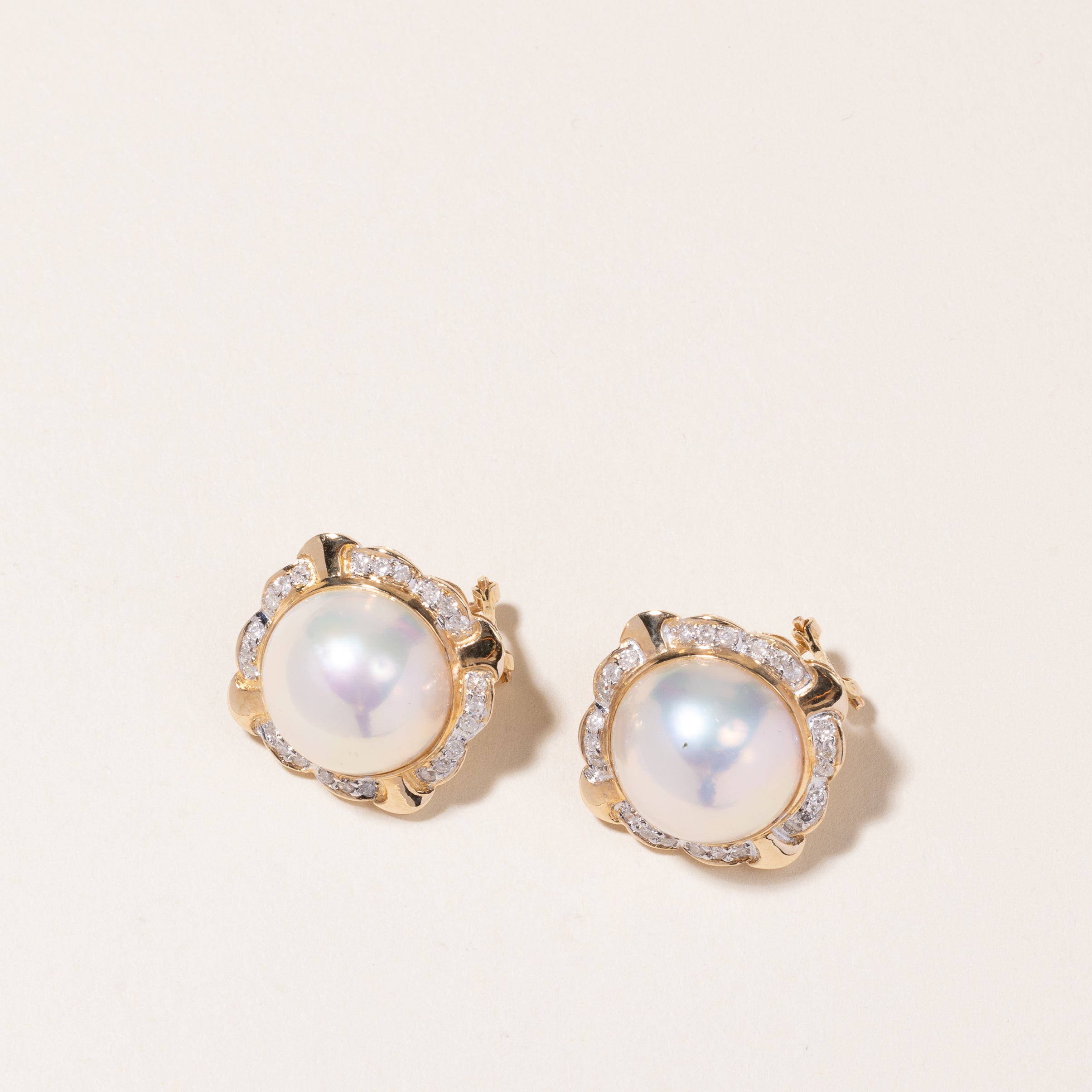 14K Yellow Gold Pearl & Diamond Earrings | 14.00-14.50mm, 0.48ctw