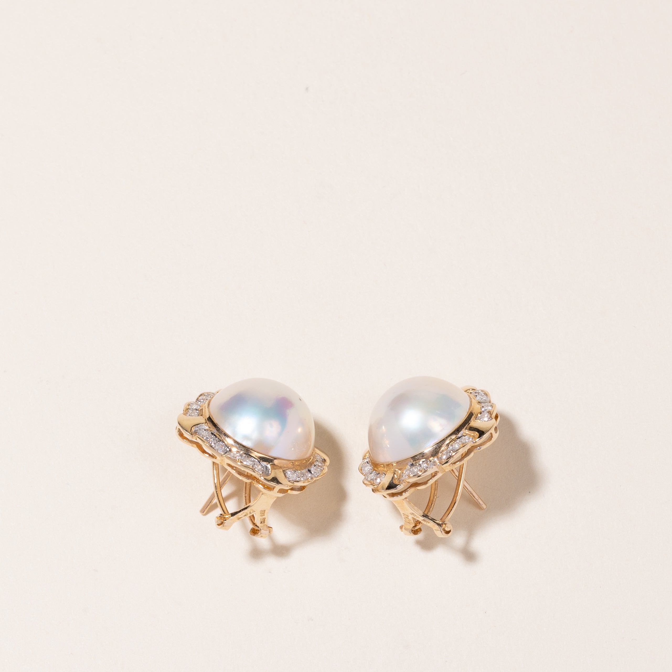 14K Yellow Gold Pearl & Diamond Earrings | 14.00-14.50mm, 0.48ctw