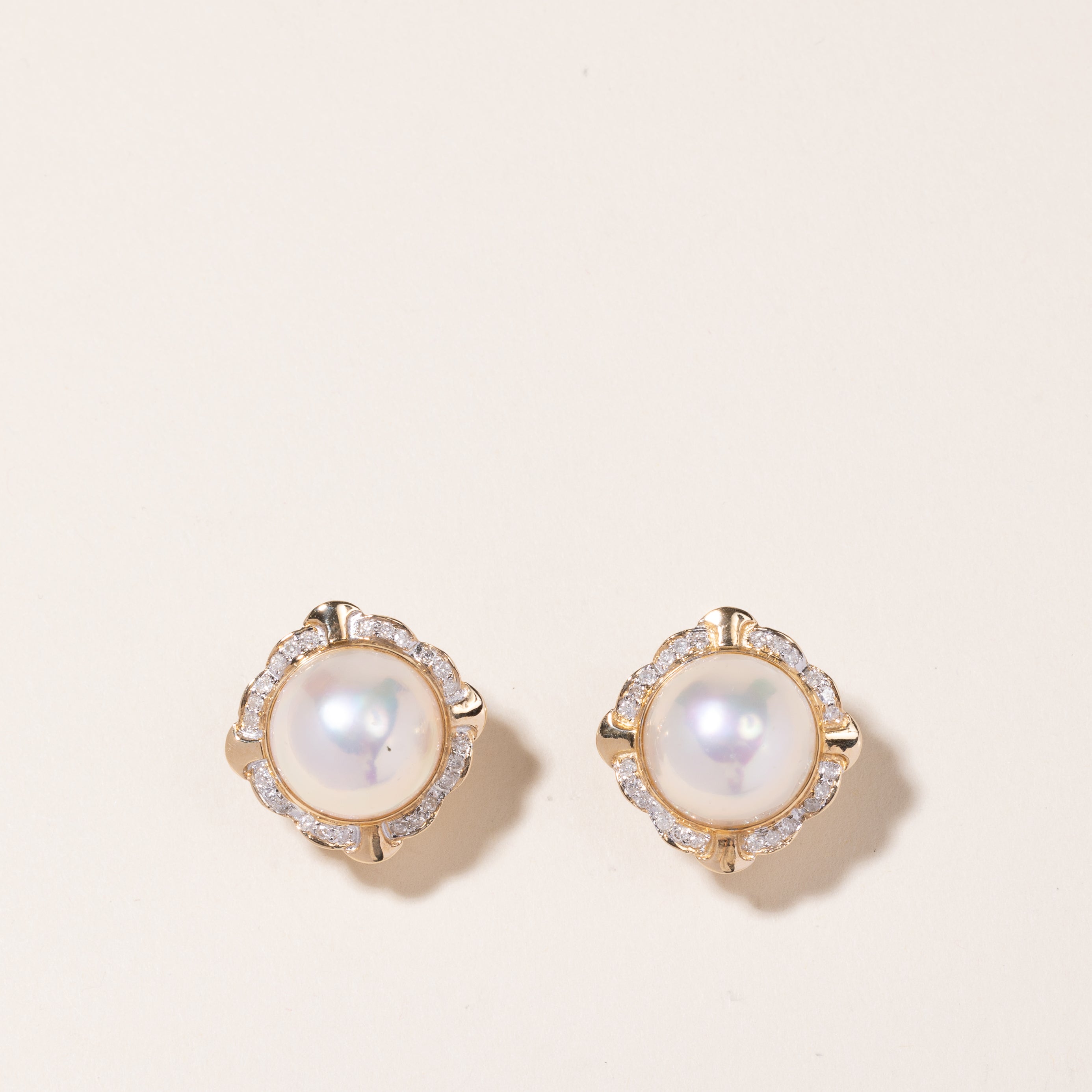 14K Yellow Gold Pearl & Diamond Earrings | 14.00-14.50mm, 0.48ctw