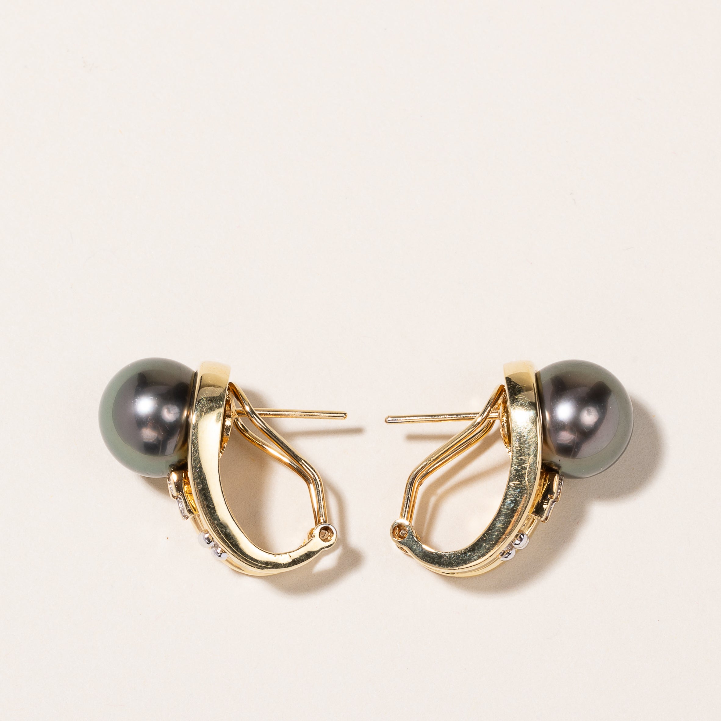 18K Yellow Gold Black South Sea Pearl & Diamond Earrings | 10.50-10.80mm, 0.23ctw